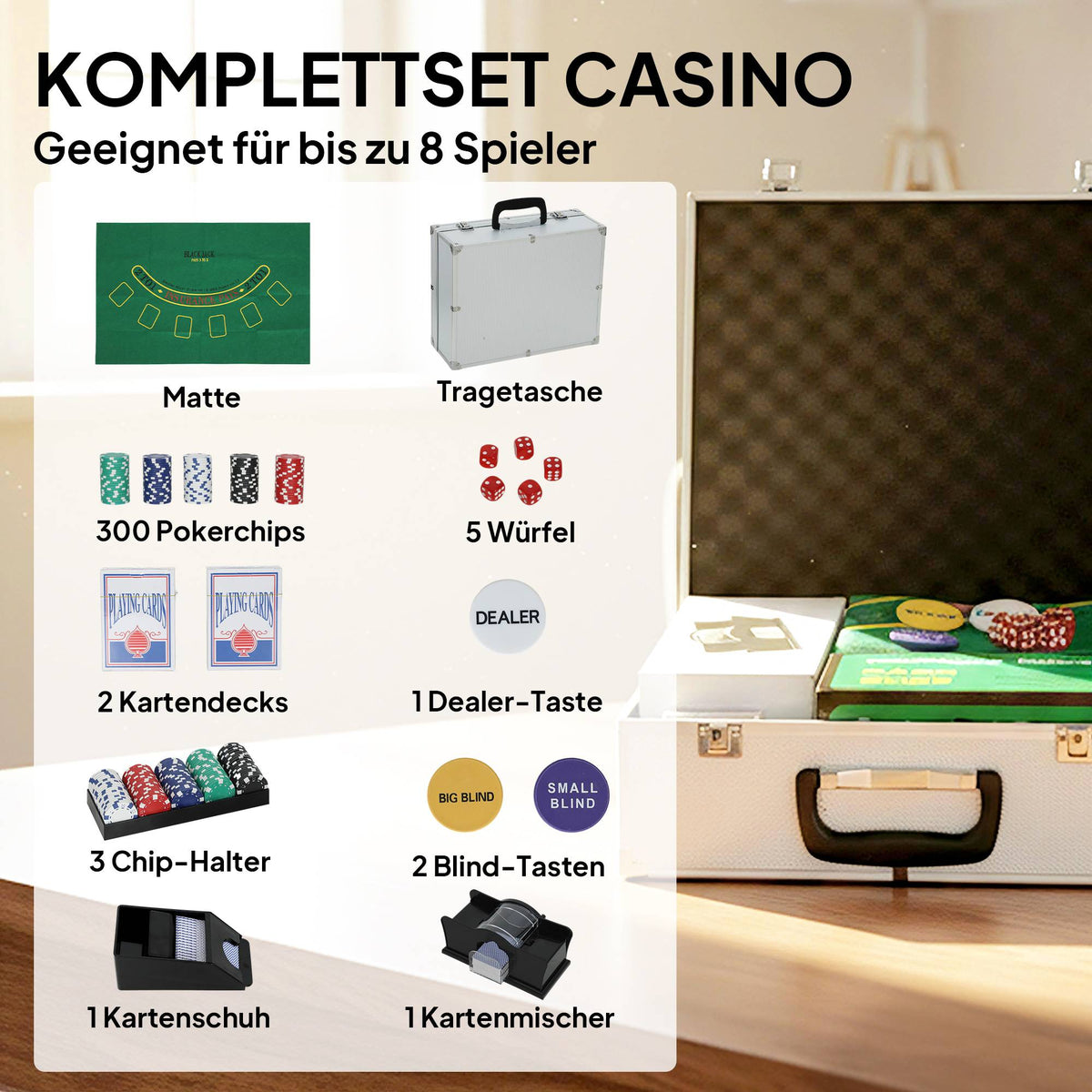 Poker Set with 300 Chips, 2 Decks, Dice, Case for 8 Players