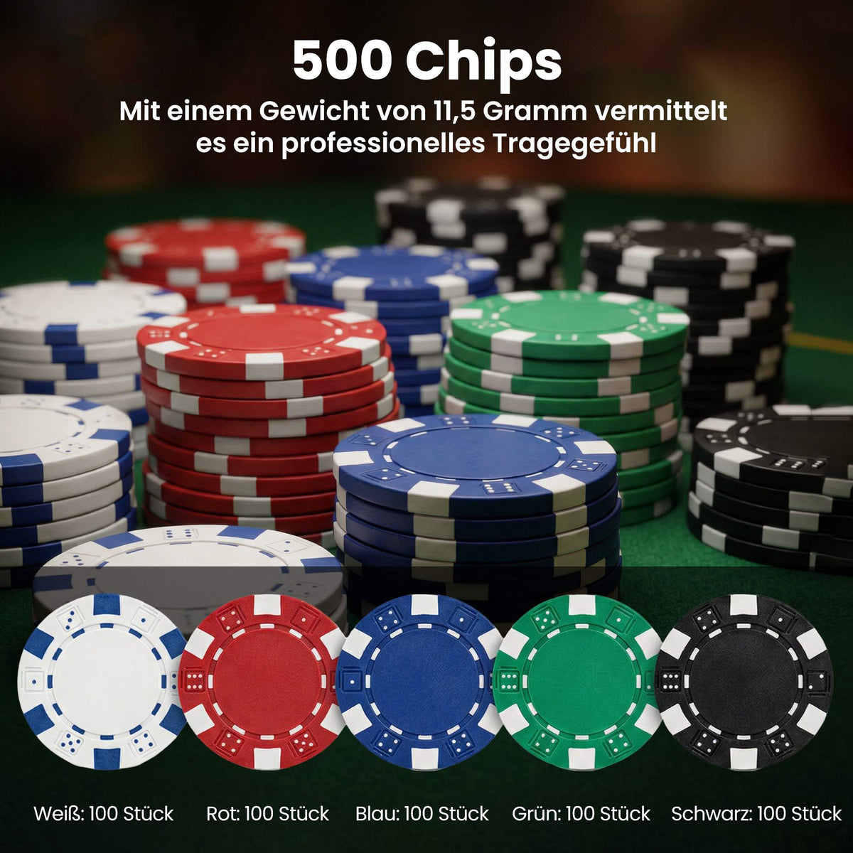 Poker Set with 500 Chips, 2 Decks, Dice, Case for 10 Players