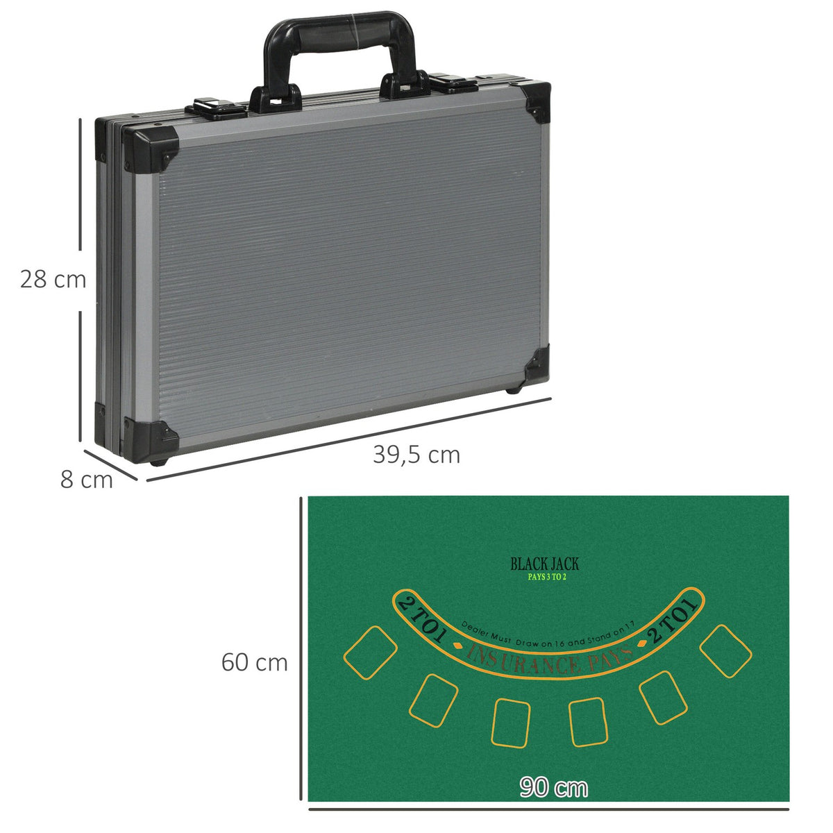 Poker case poker set, poker complete set with 400 chips, 11.5 grams, 2 decks of cards, 5 dice, dealer disc, play mat, aluminum case