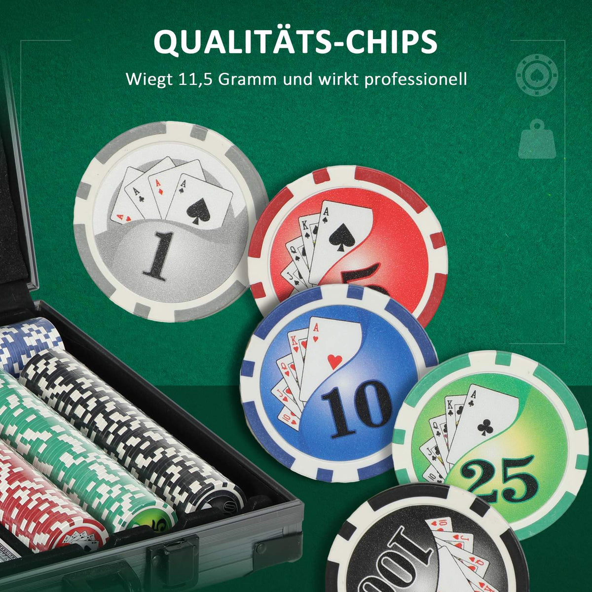 Poker case poker set, poker complete set with 400 chips, 11.5 grams, 2 decks of cards, 5 dice, dealer disc, play mat, aluminum case