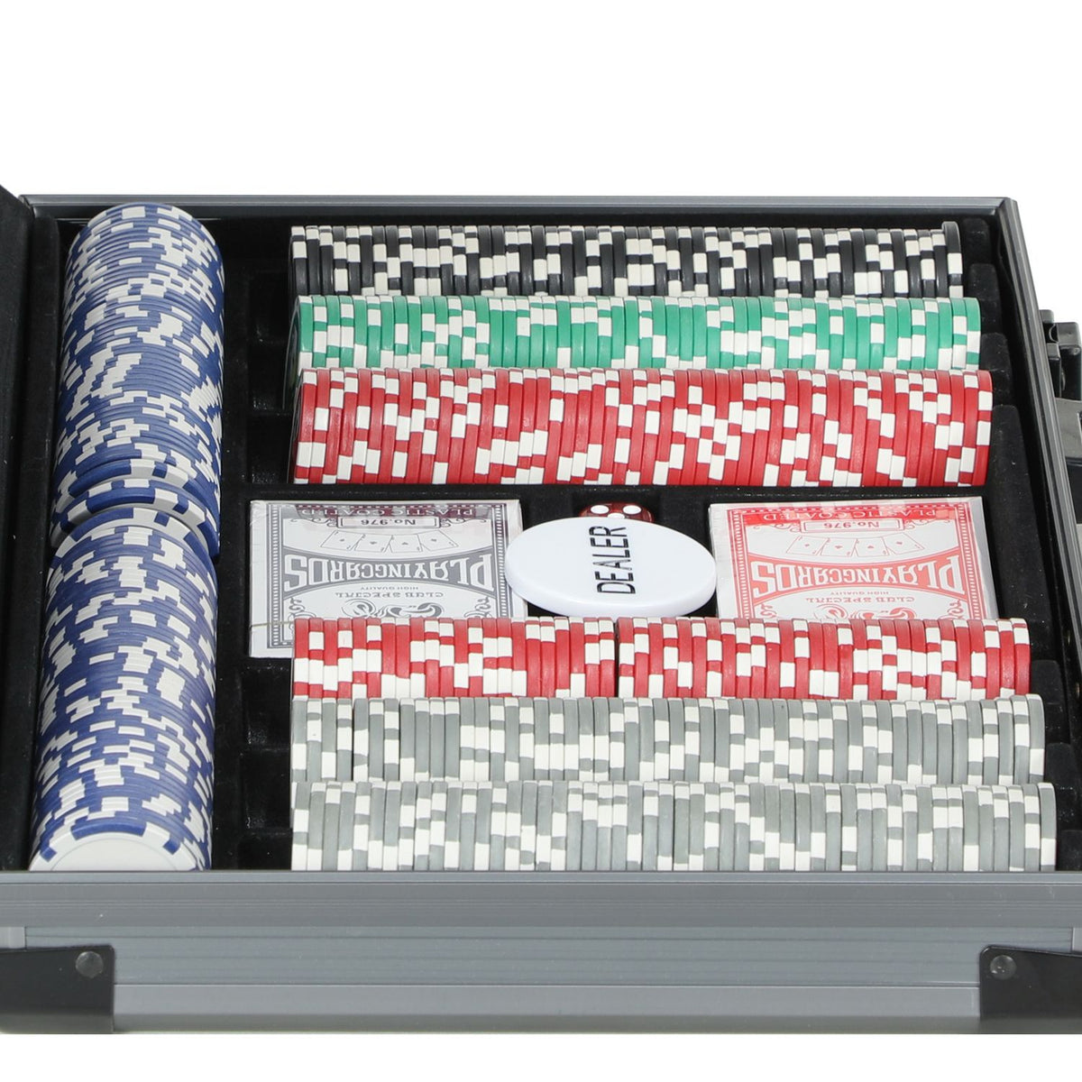 Poker case poker set, poker complete set with 400 chips, 11.5 grams, 2 decks of cards, 5 dice, dealer disc, play mat, aluminum case