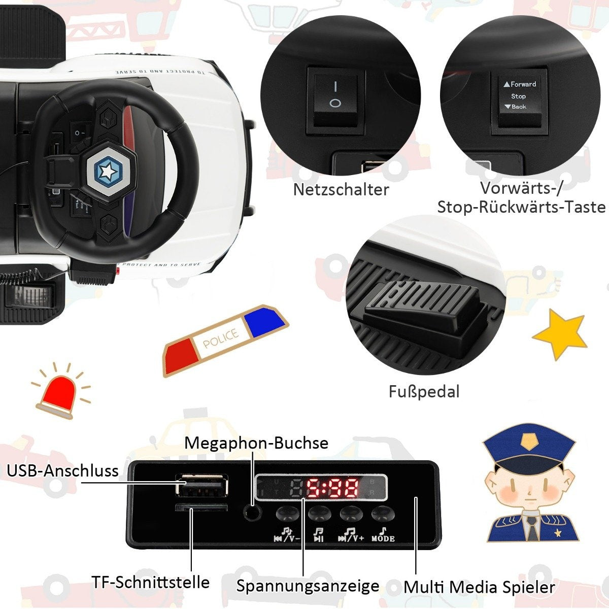 Police electric car for children 6V electric children's car with storage space white