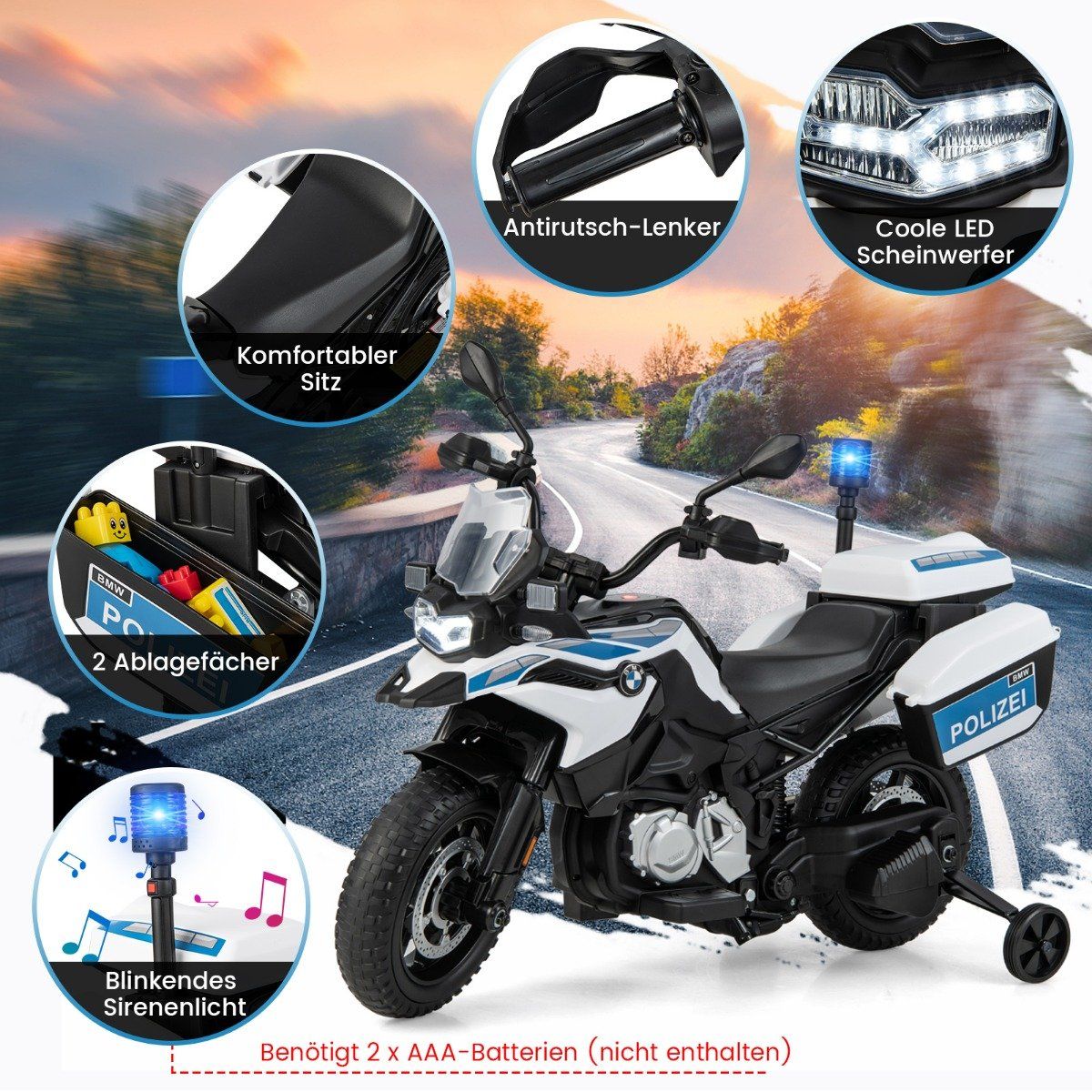 Police motorcycle for children, battery-operated motorcycle with 2 training wheels, 110 x 82.5 x 63 cm, white