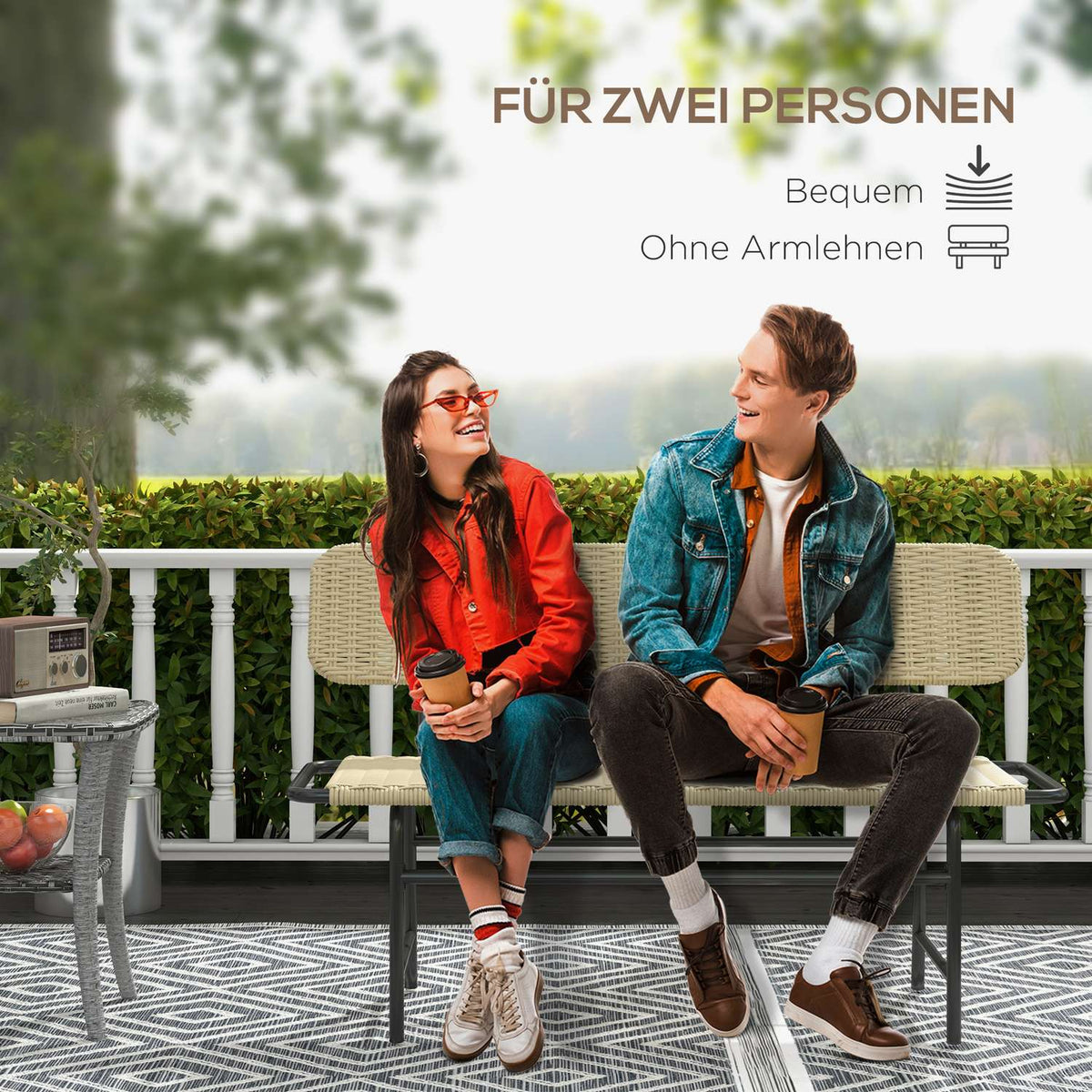 Poly Rattan Bench, 2-Seater Garden Bench, Rattan Bench Without Armrests, Balcony Bench, Garden Furniture, Can Hold Up To 250 Kg, Metal, Khaki