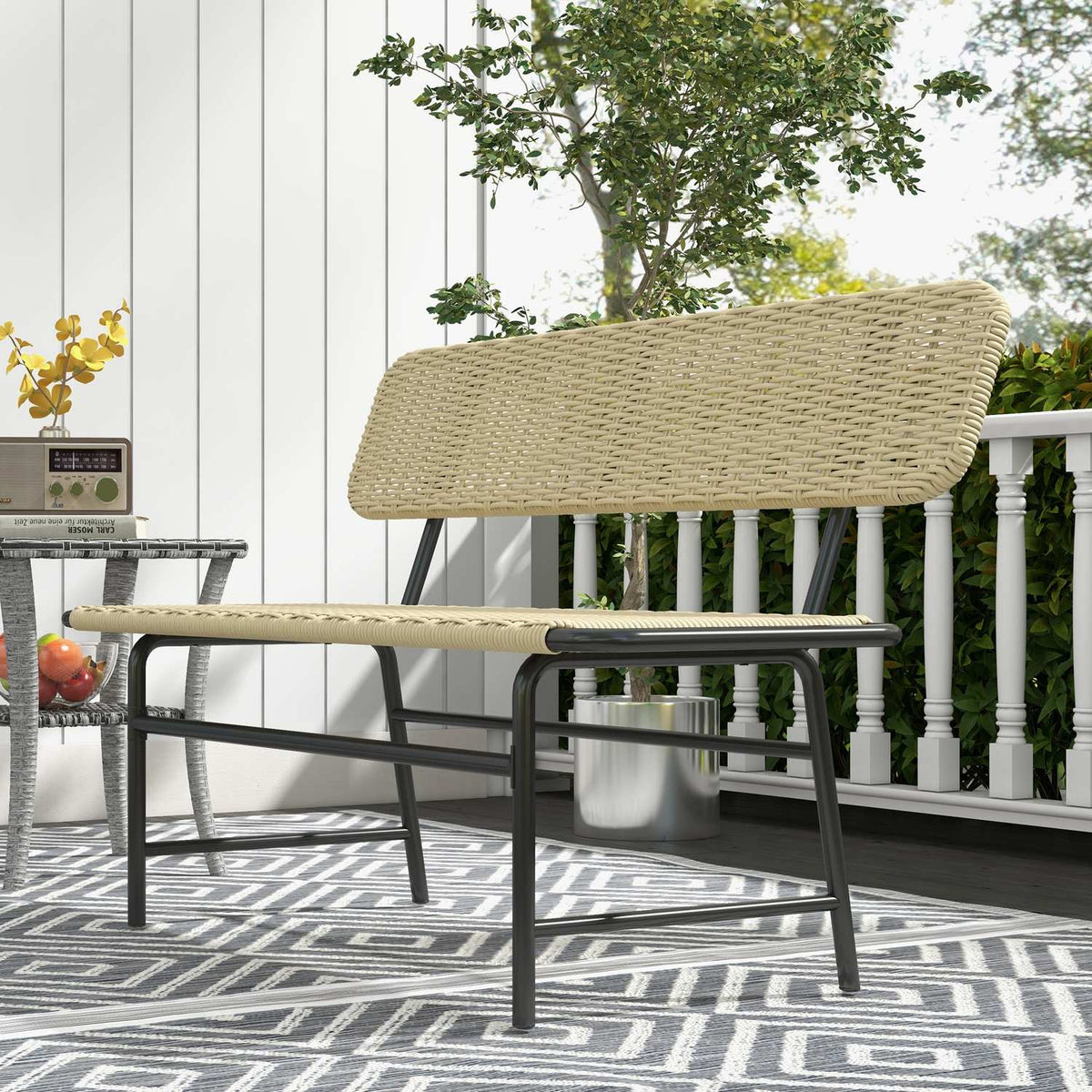 Poly Rattan Bench, 2-Seater Garden Bench, Rattan Bench Without Armrests, Balcony Bench, Garden Furniture, Can Hold Up To 250 Kg, Metal, Khaki