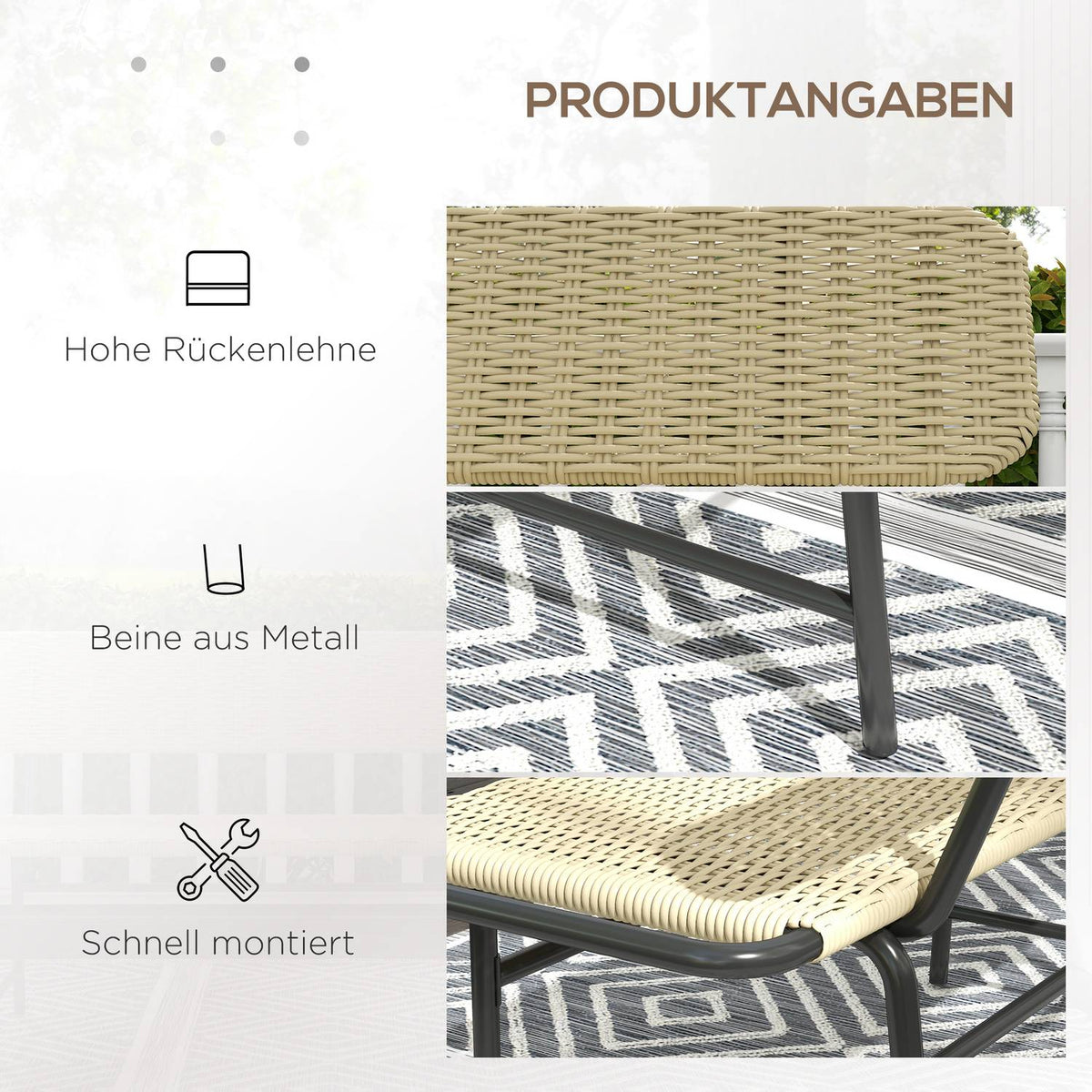 Poly Rattan Bench, 2-Seater Garden Bench, Rattan Bench Without Armrests, Balcony Bench, Garden Furniture, Can Hold Up To 250 Kg, Metal, Khaki