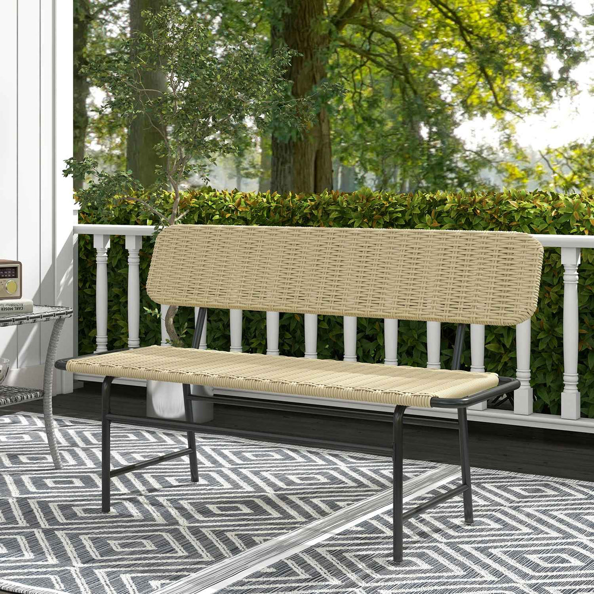 Poly Rattan Bench, 2-Seater Garden Bench, Rattan Bench Without Armrests, Balcony Bench, Garden Furniture, Can Hold Up To 250 Kg, Metal, Khaki