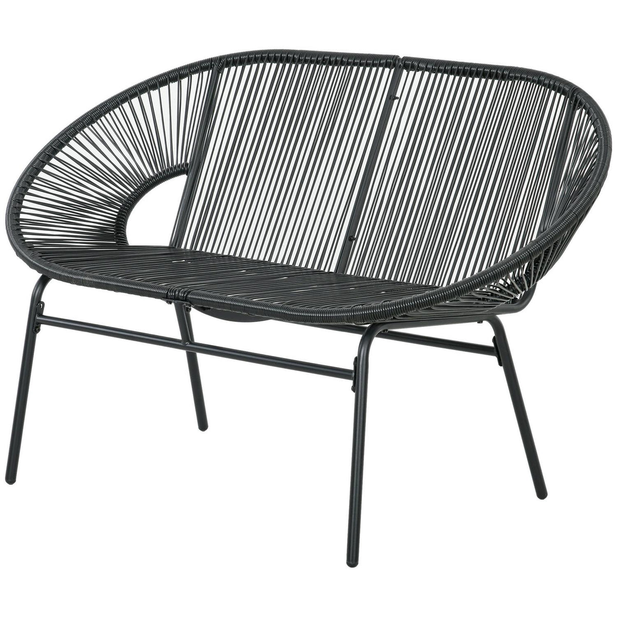 Poly Rattan Bench, 2-Seater Rattan Bench, Garden Bench, Balcony Bench Up To 260 Kg, Black, Steel, For Terrace And Balcony