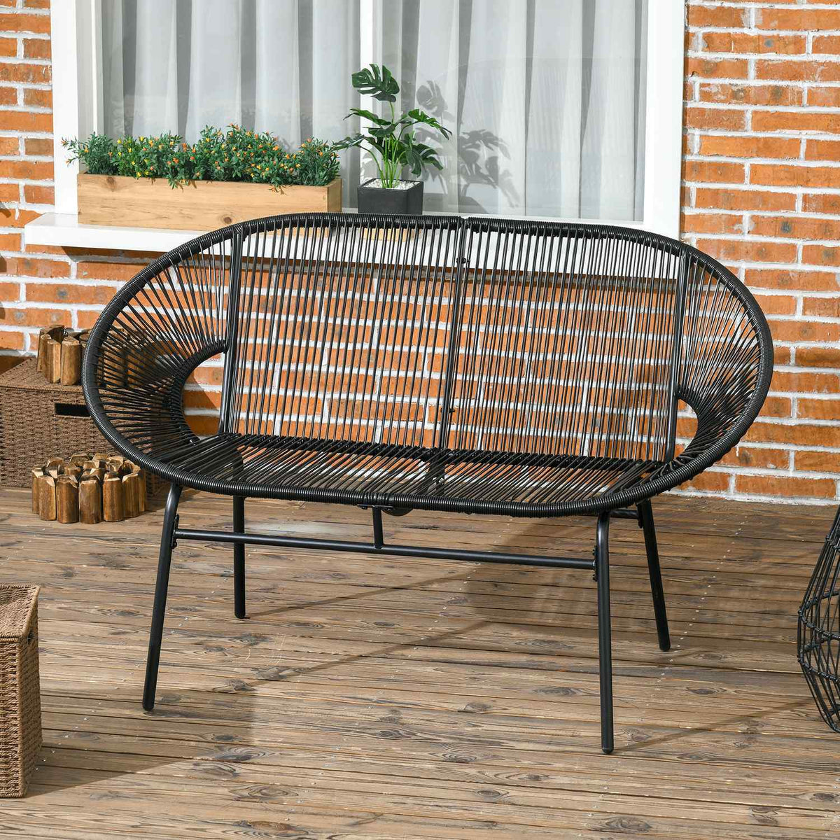 Poly Rattan Bench, 2-Seater Rattan Bench, Garden Bench, Balcony Bench Up To 260 Kg, Black, Steel, For Terrace And Balcony