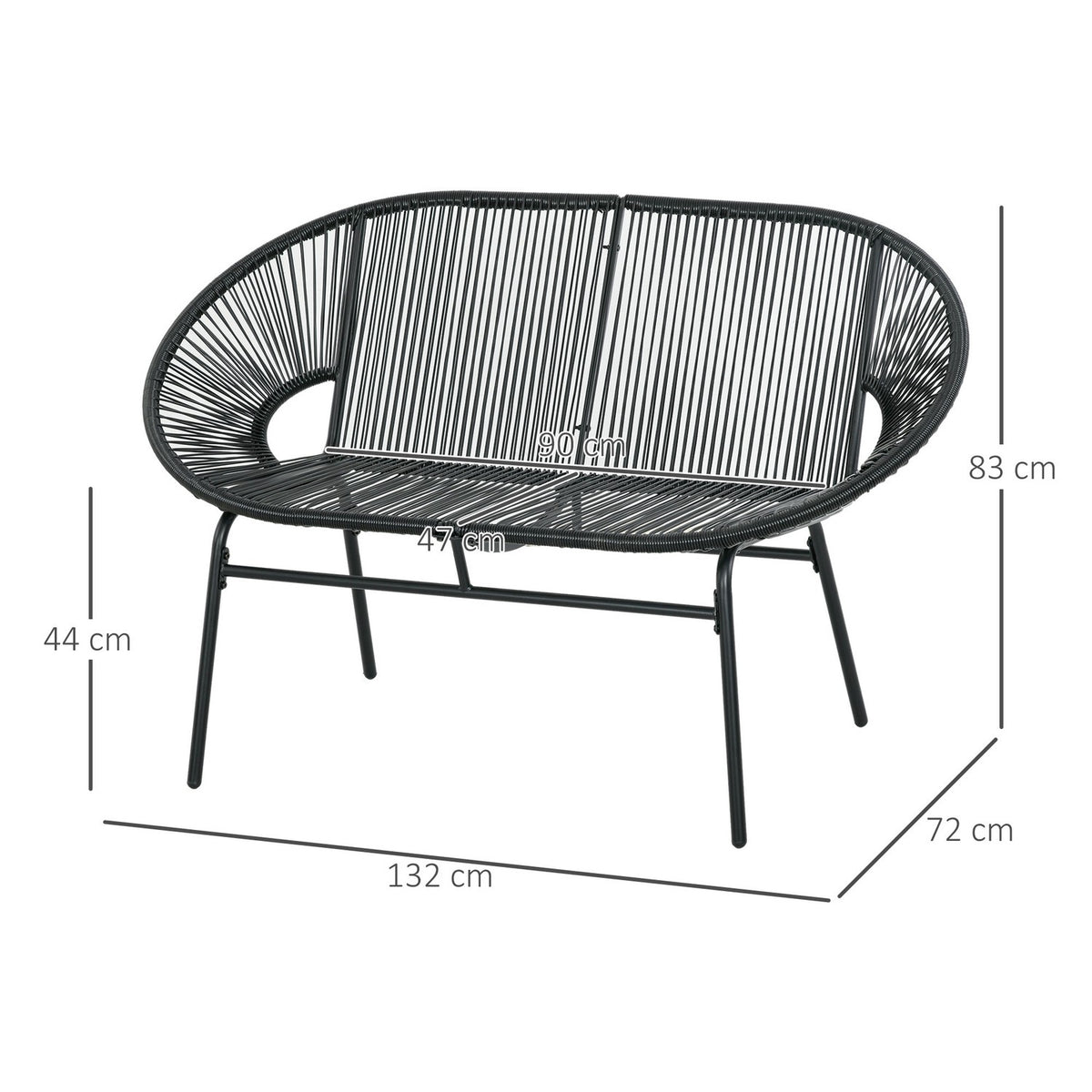 Poly Rattan Bench, 2-Seater Rattan Bench, Garden Bench, Balcony Bench Up To 260 Kg, Black, Steel, For Terrace And Balcony