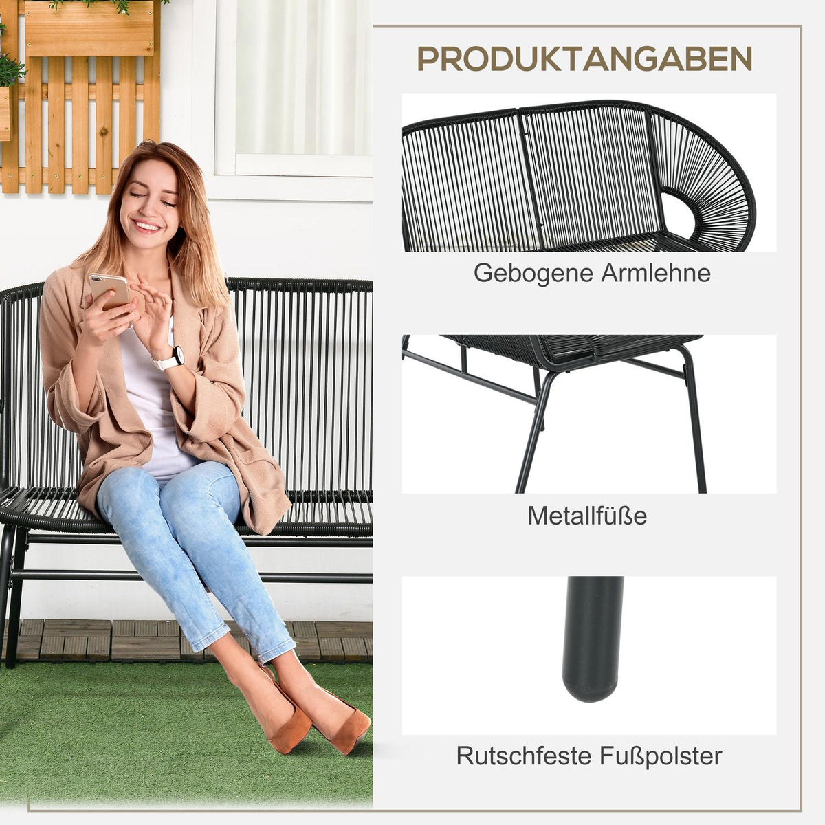 Poly Rattan Bench, 2-Seater Rattan Bench, Garden Bench, Balcony Bench Up To 260 Kg, Black, Steel, For Terrace And Balcony