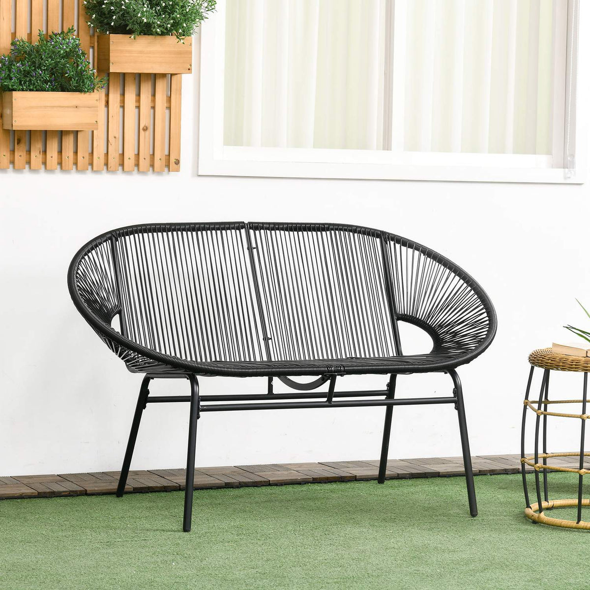 Poly Rattan Bench, 2-Seater Rattan Bench, Garden Bench, Balcony Bench Up To 260 Kg, Black, Steel, For Terrace And Balcony