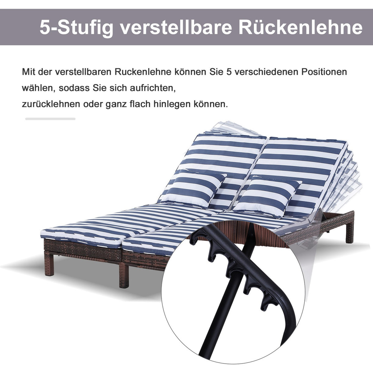 Poly Rattan Double Lounger Sun Lounger For 2, Lounge With 5-Tier Backrest, Metal Pe Rattan, Blue + White, 196X120X28 Cm