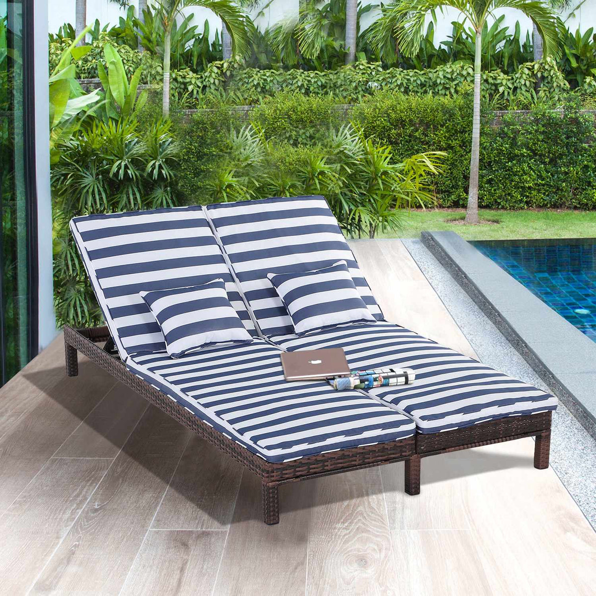 Poly Rattan Double Lounger Sun Lounger For 2, Lounge With 5-Tier Backrest, Metal Pe Rattan, Blue + White, 196X120X28 Cm