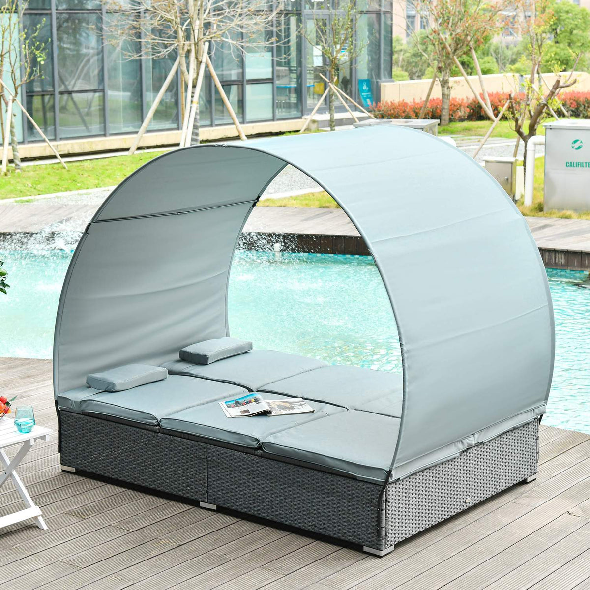 Poly Rattan Double Lounger Sun Lounger For 2 People With Sun Canopy Garden Lounger Steel Polyester Gray 196 X 137 X 36.5 Cm