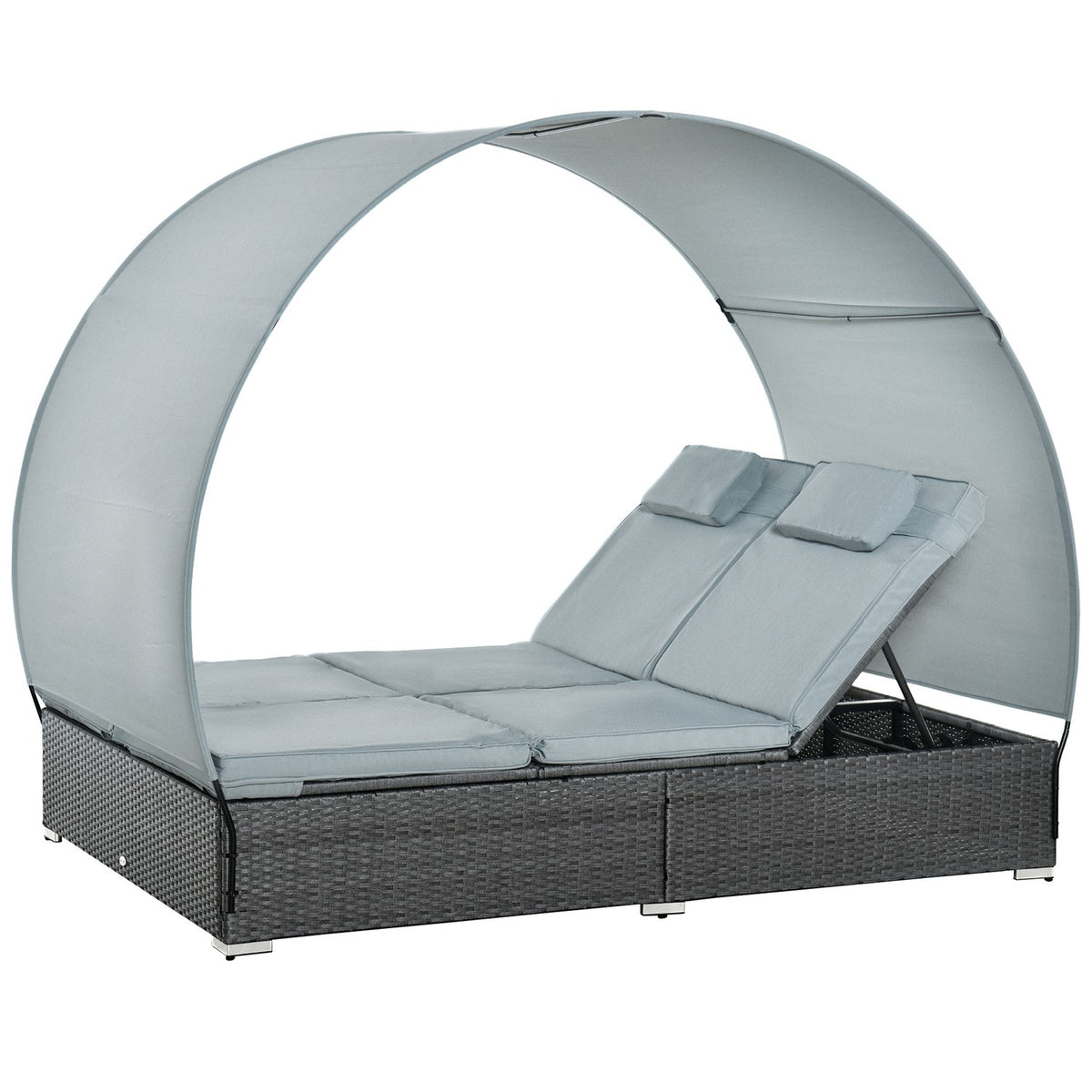 Poly Rattan Double Lounger Sun Lounger For 2 People With Sun Canopy Garden Lounger Steel Polyester Gray 196 X 137 X 36.5 Cm