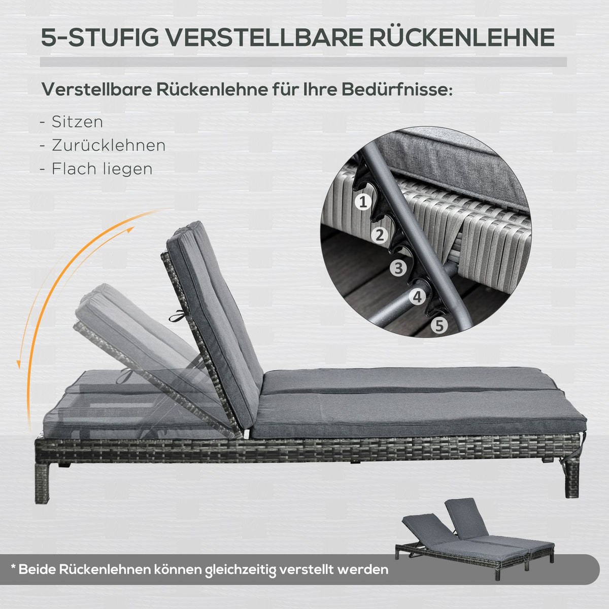 Poly Rattan Double Lounger Sun Lounger Garden Lounger For 2 People Relaxation Lounger Luxury Lounge 5-Tier Backrest Metal Pe Rattan 196X120X28Cm