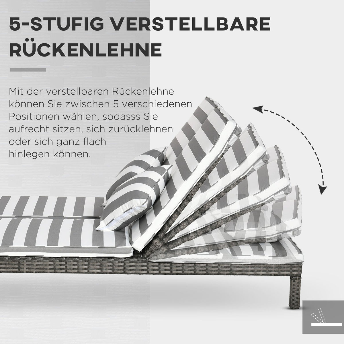 Poly Rattan Double Lounger Sun Lounger Garden Lounger For 2 People Relaxation Lounger Luxury Lounge 5-Tier Backrest Metal Pe Rattan Gray + White