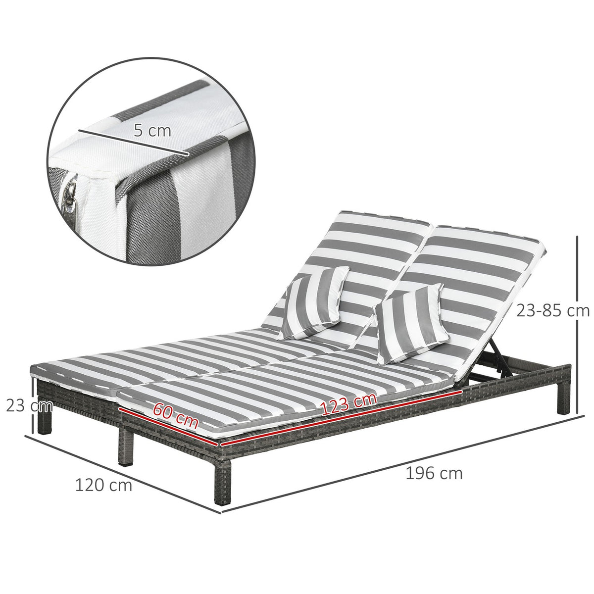 Poly Rattan Double Lounger Sun Lounger Garden Lounger For 2 People Relaxation Lounger Luxury Lounge 5-Tier Backrest Metal Pe Rattan Gray + White