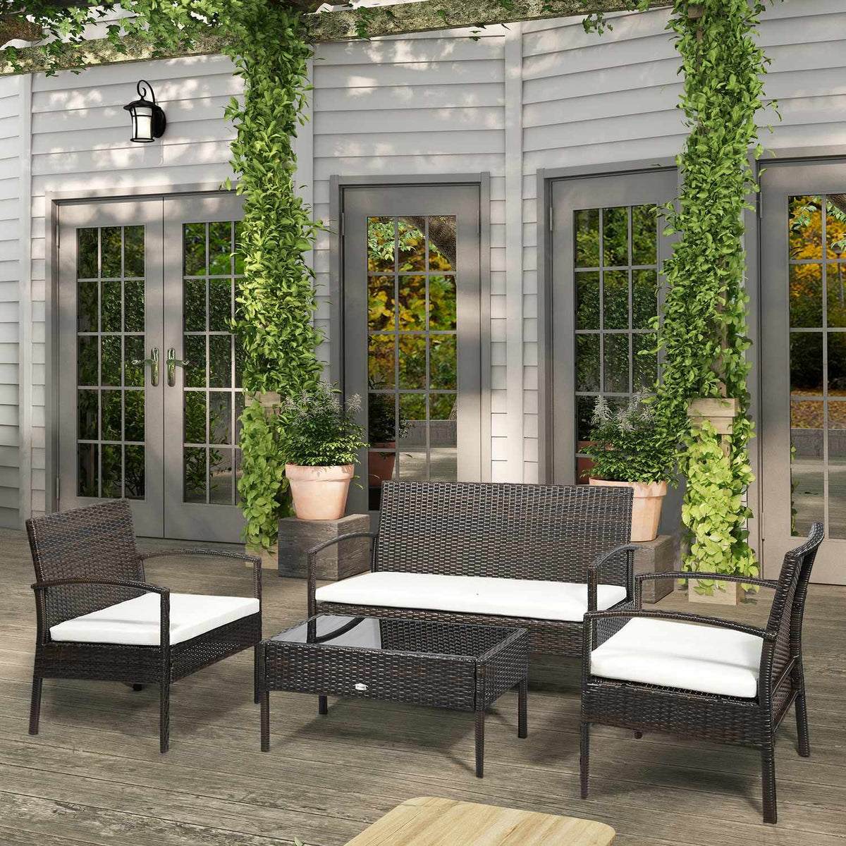 Poly Rattan Garden Furniture Set For 4 People, Rat Sofa Set, Brown + Cream White