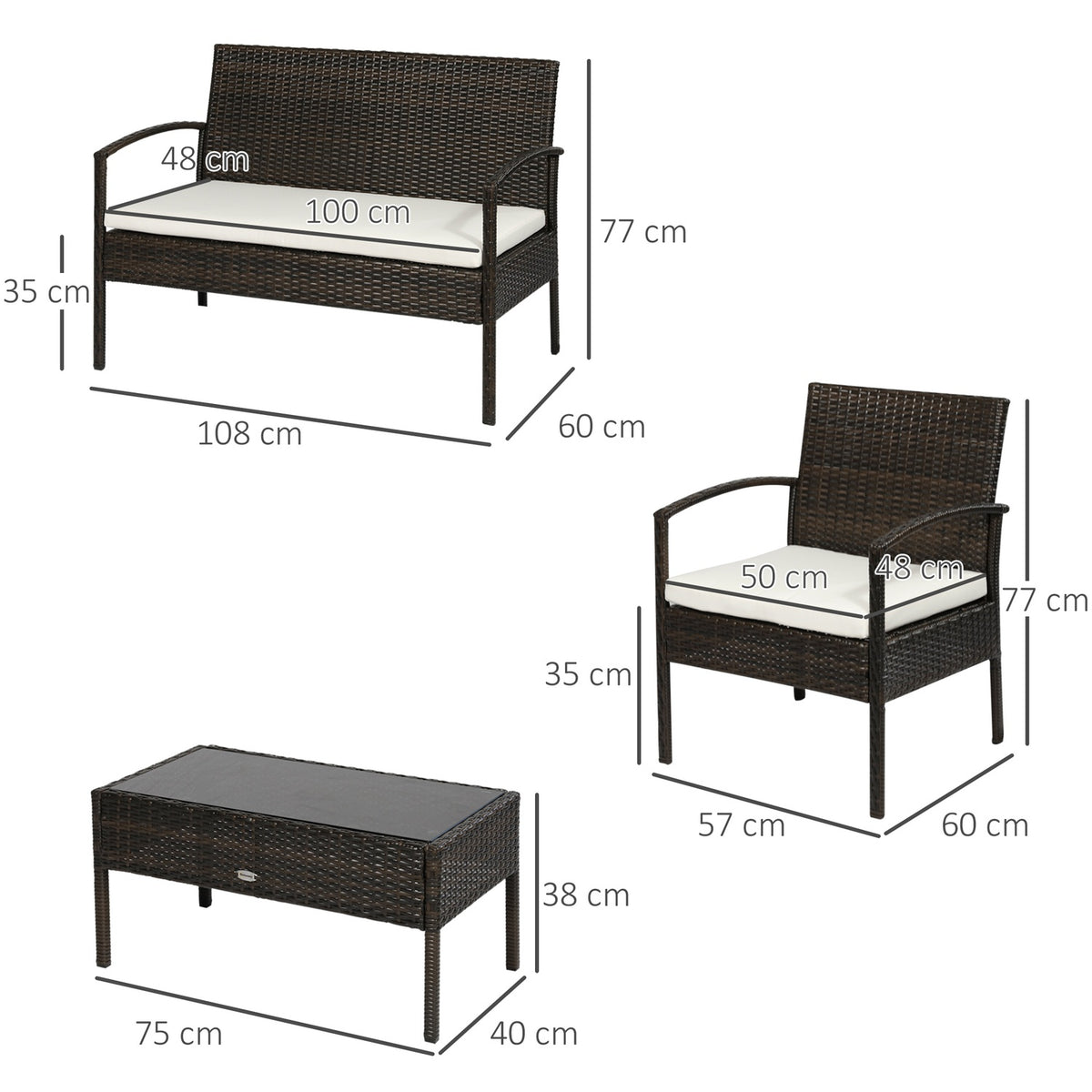Poly Rattan Garden Furniture Set For 4 People, Rat Sofa Set, Brown + Cream White
