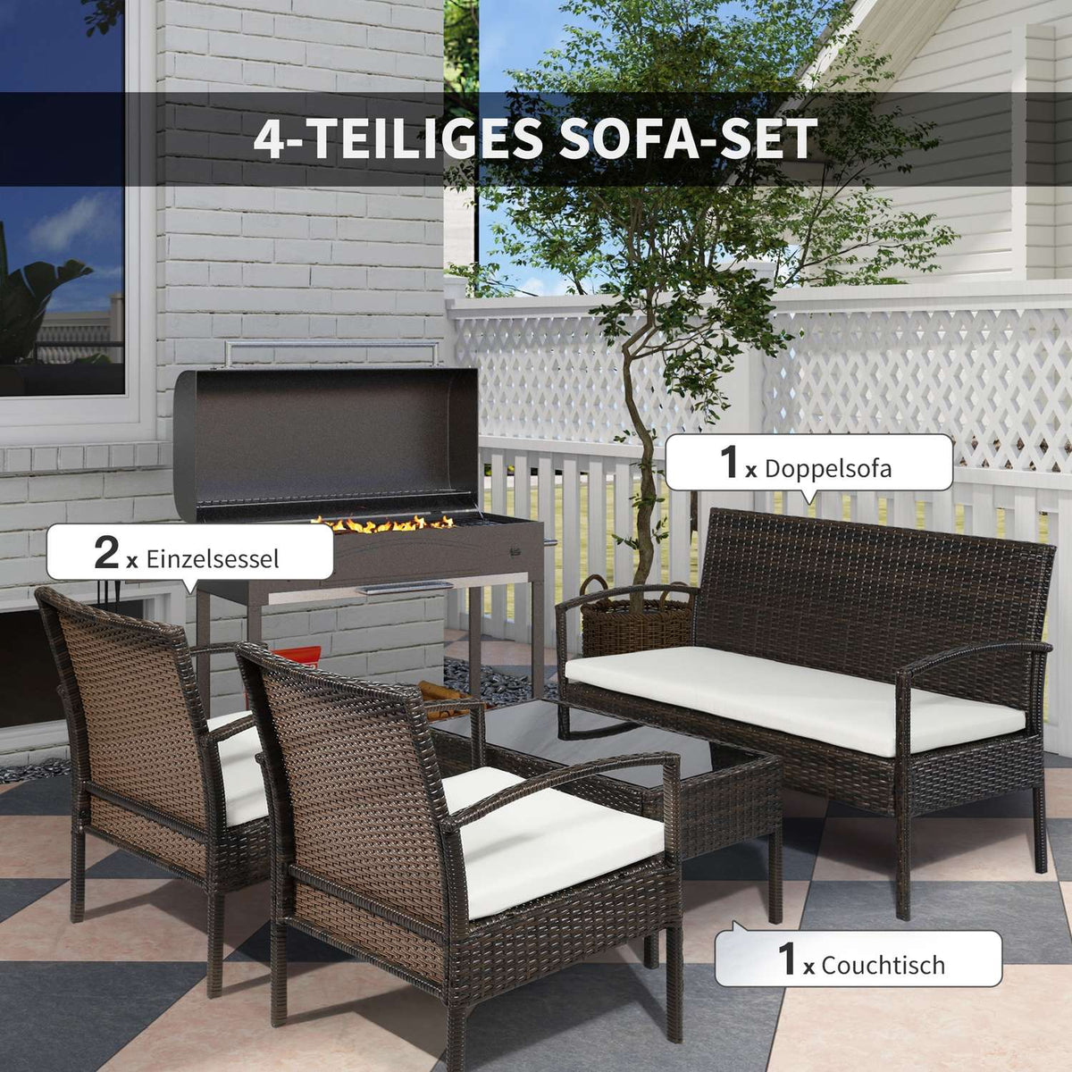 Poly Rattan Garden Furniture Set For 4 People, Rat Sofa Set, Brown + Cream White