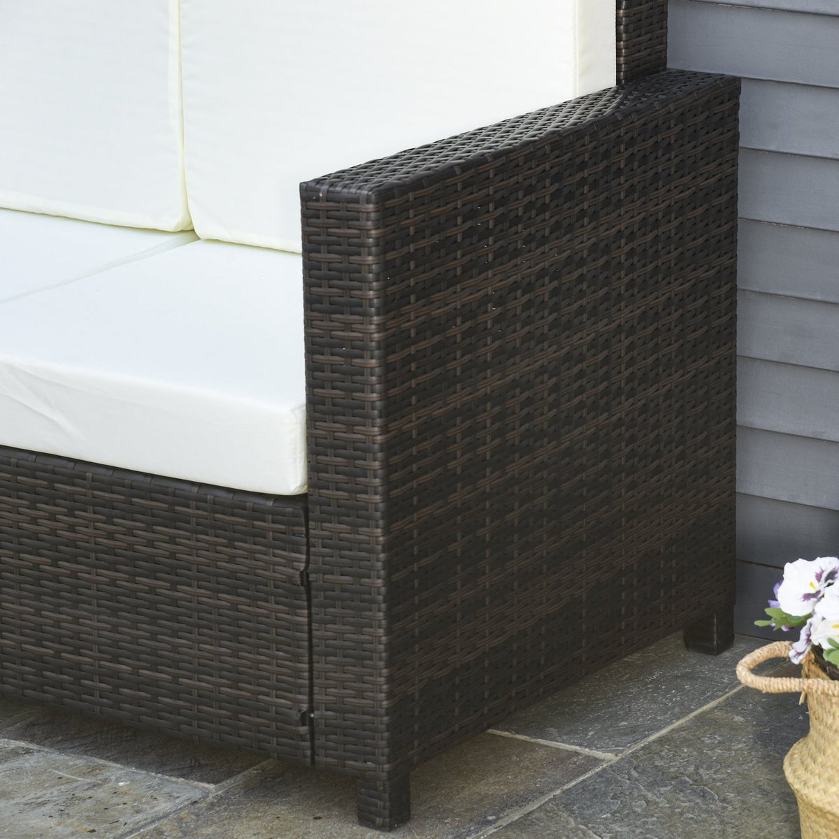Poly Rattan Garden Lounge Sofa 3-Seater With Cushions, Metal Polyester, Brown+White, 185 X 70 X 80 Cm