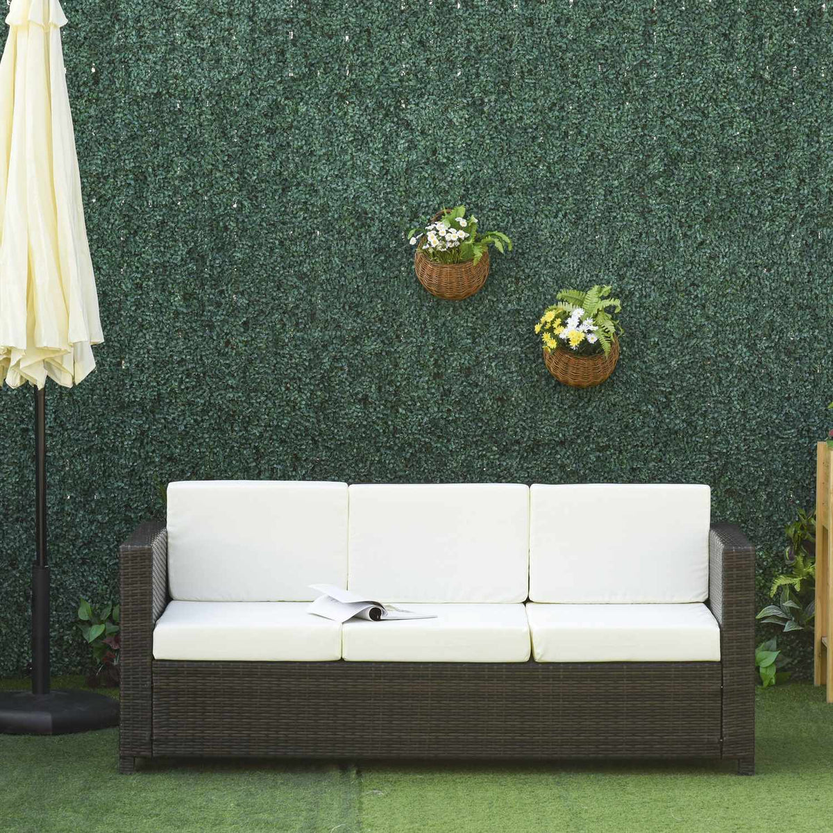Poly Rattan Garden Lounge Sofa 3-Seater With Cushions, Metal Polyester, Brown+White, 185 X 70 X 80 Cm