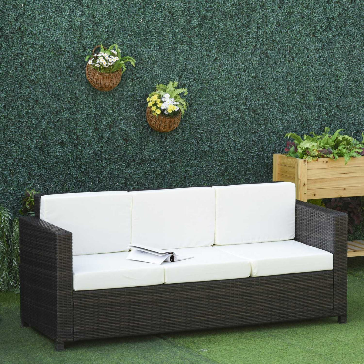 Poly Rattan Garden Lounge Sofa 3-Seater With Cushions, Metal Polyester, Brown+White, 185 X 70 X 80 Cm