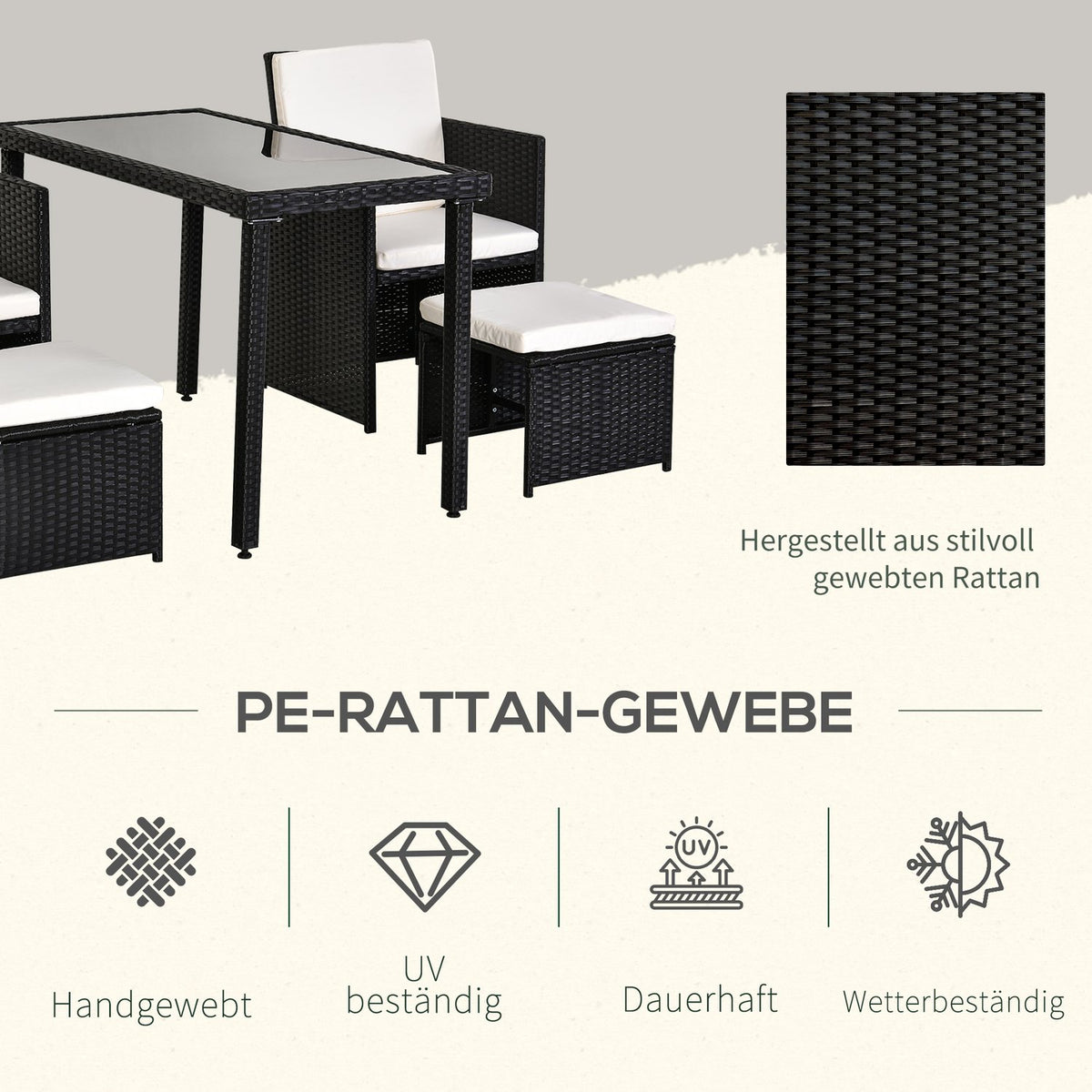 Poly Rattan Seating Group, Dining Group, Garden Set, 11 Pieces With Black Cushions