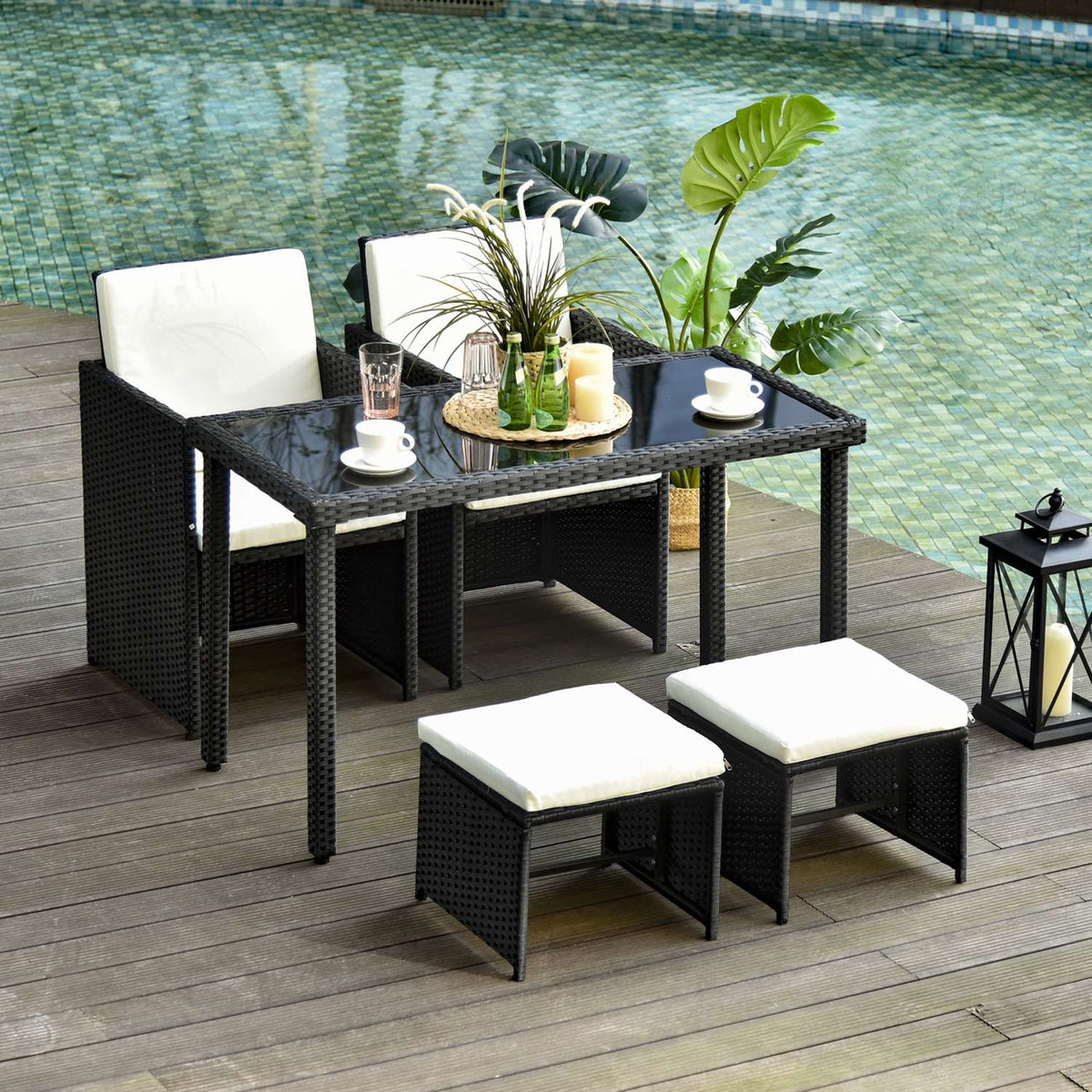 Poly Rattan Seating Group, Dining Group, Garden Set, 11 Pieces With Black Cushions