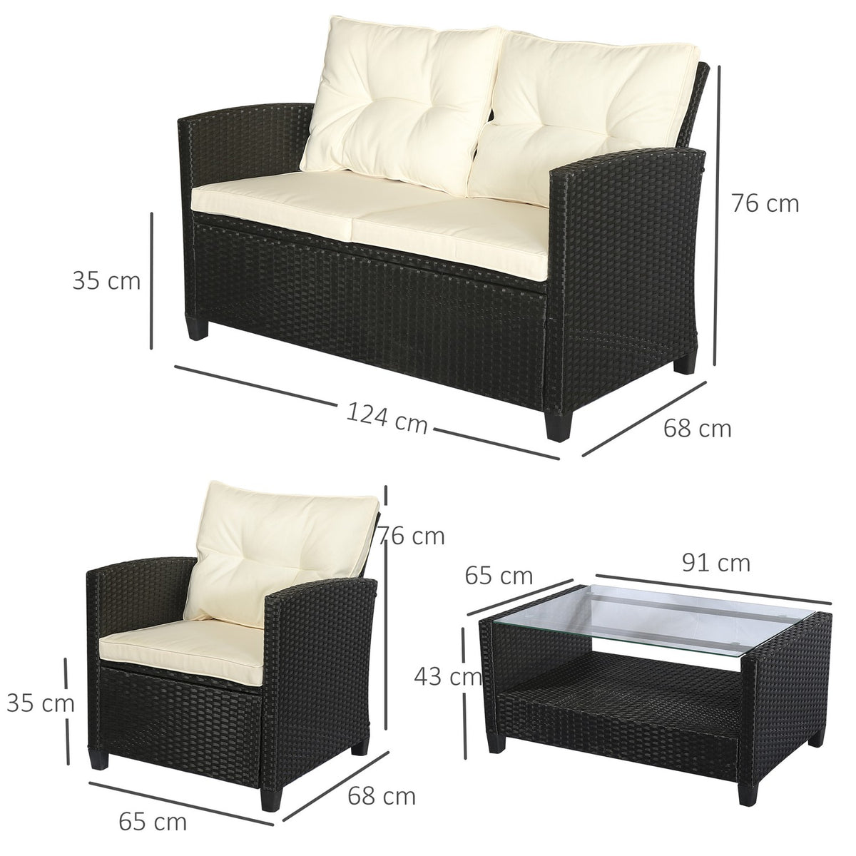 Poly Rattan Seating Set For 4 People, Garden Set, Sofa Set, Garden Furniture Set, Lounge, Metal, Luxury, Black
