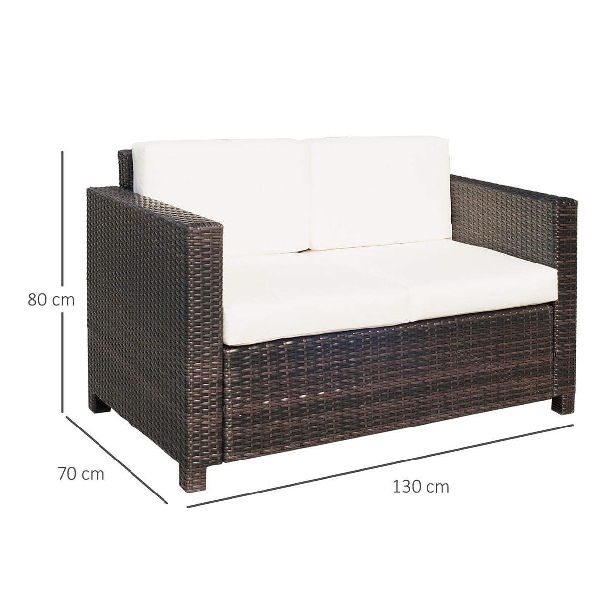 Poly Rattan Sofa With Cushions 2-Seater Garden Lounge Sofa Metal Polyester Brown + White 130 X 70 X 80 Cm