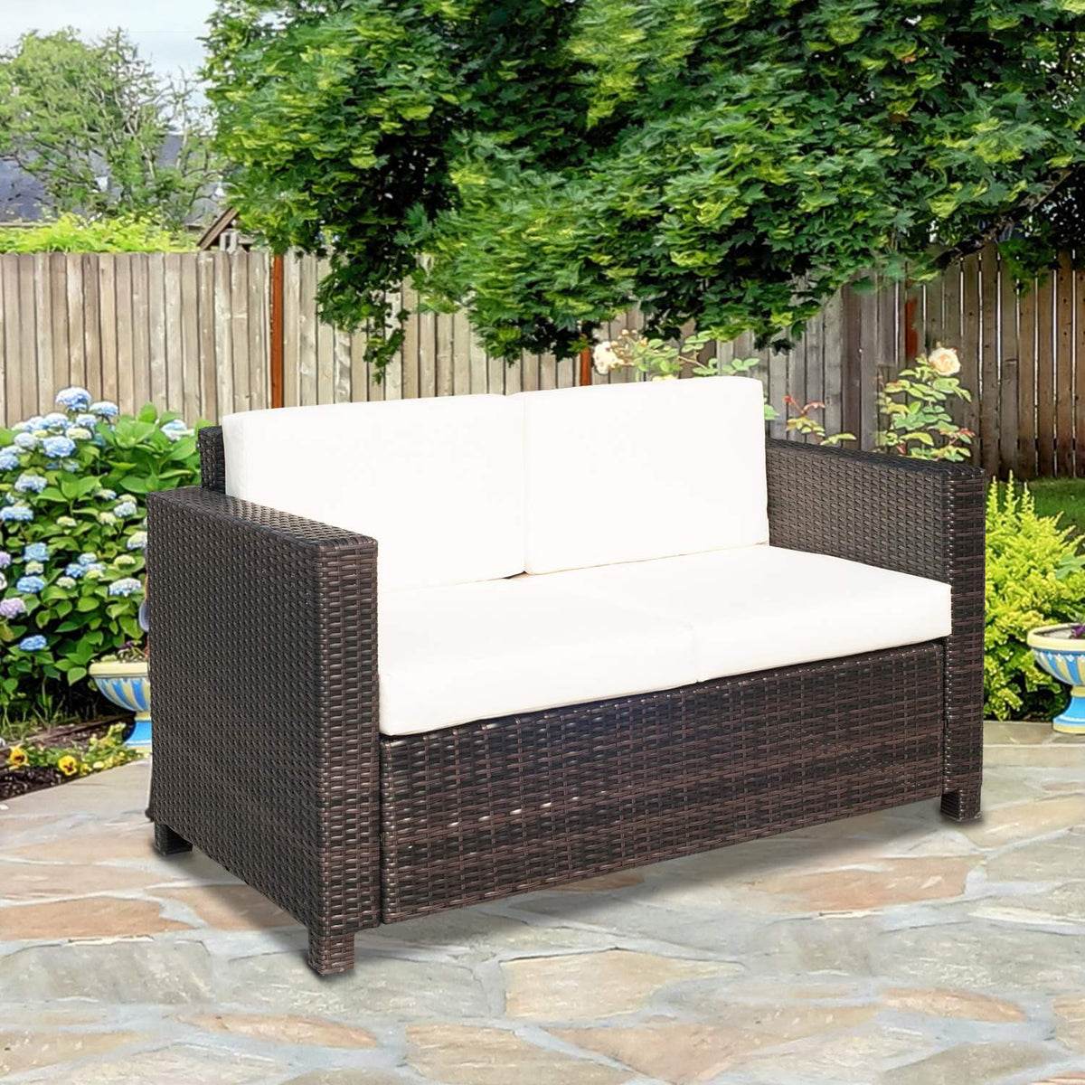 Poly Rattan Sofa With Cushions 2-Seater Garden Lounge Sofa Metal Polyester Brown + White 130 X 70 X 80 Cm