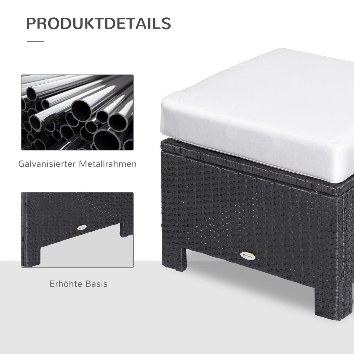 Poly Rattan Stool Stool With Cushion For Balcony, Black+Cream White, 50X50X35Cm