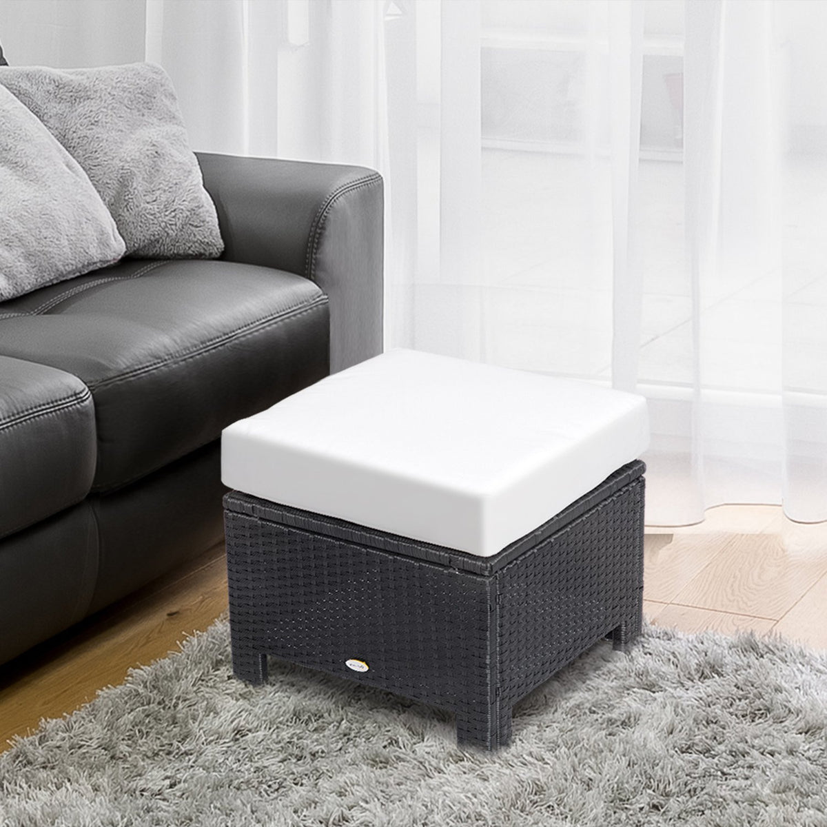 Poly Rattan Stool Stool With Cushion For Balcony, Black+Cream White, 50X50X35Cm