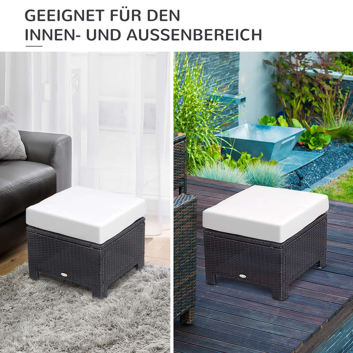 Poly Rattan Stool Stool With Cushion For Balcony, Black+Cream White, 50X50X35Cm