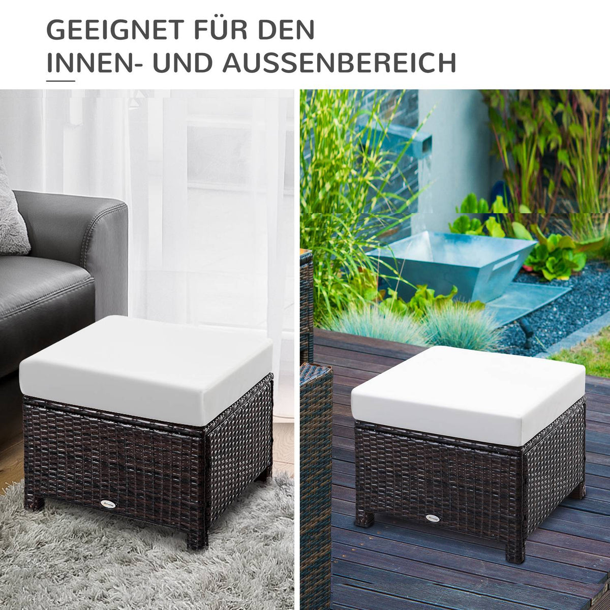 Poly Rattan Stool Stool With Cushion For Balcony, Brown+Cream White, 50X50X35Cm