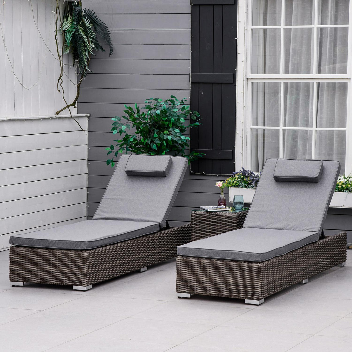 Poly Rattan Sun Lounger 3-Piece. Garden Lounger With 6-Way Adjustable Backrest, Side Table, Neck Cushion, Aluminum, Gray, 60 X 195 X 86 Cm