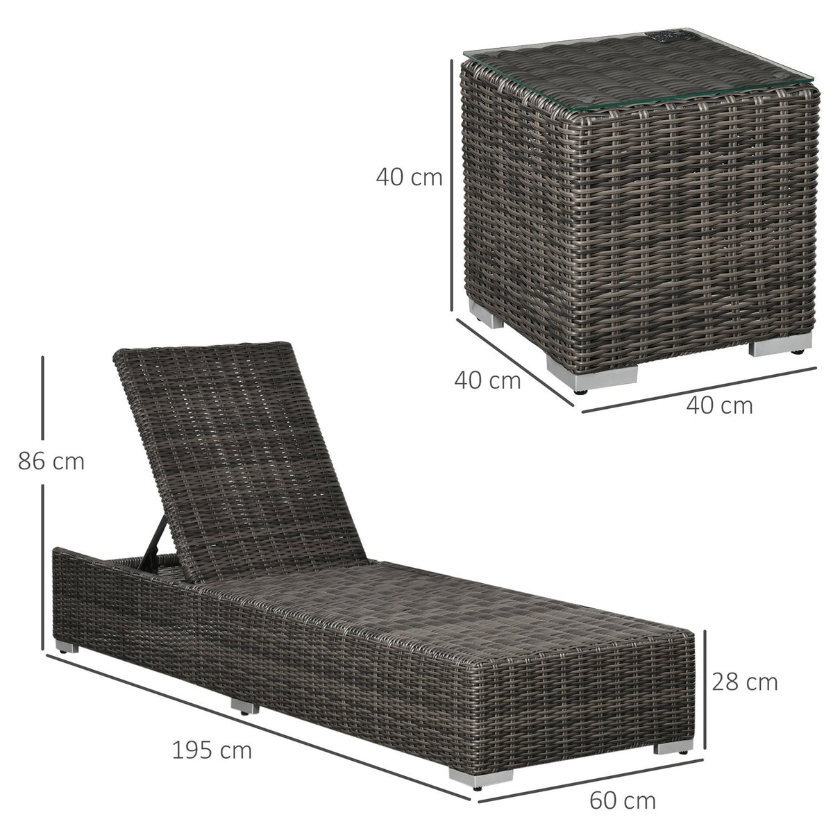 Poly Rattan Sun Lounger 3-Piece. Garden Lounger With 6-Way Adjustable Backrest, Side Table, Neck Cushion, Aluminum, Gray, 60 X 195 X 86 Cm