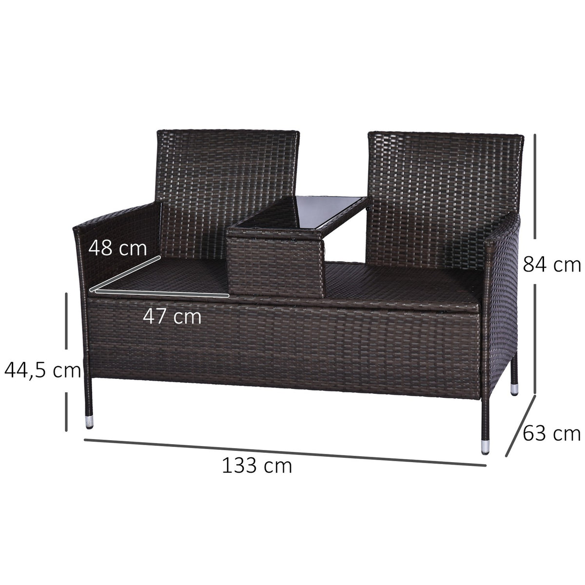 Polyrattan Bench 2-Seater Table Garden Bench Steel Frame Brown W133Xd63Xh84Cm