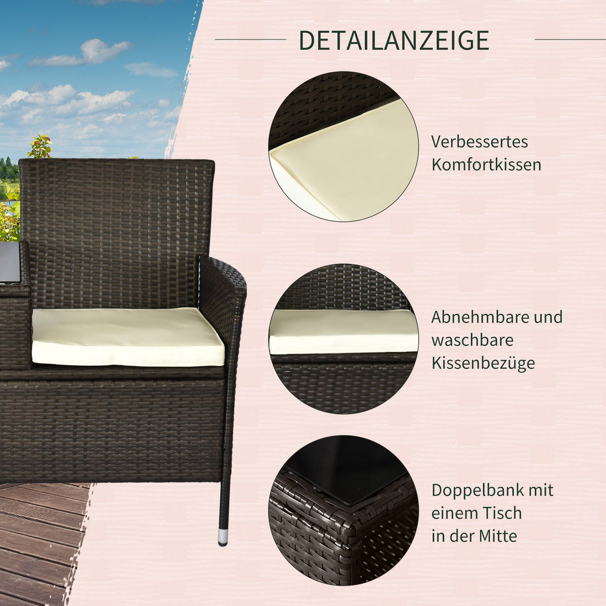 Polyrattan Bench 2-Seater Table Garden Bench Steel Frame Brown W133Xd63Xh84Cm