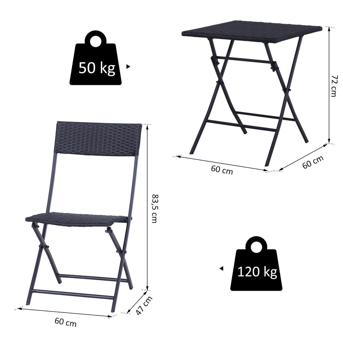 Polyrattan Bistro Set For 2 People, Rattan Garden Furniture Set, Black