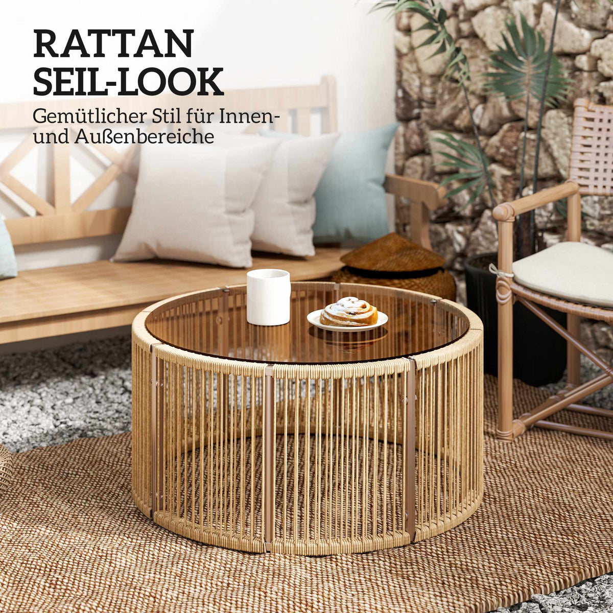 Polyrattan Coffee Table with Glass Top, 70x70x33 cm, Brown