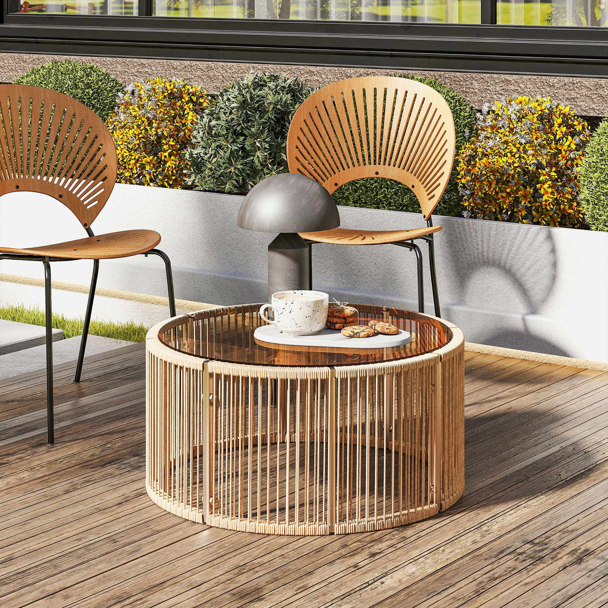 Polyrattan Coffee Table with Glass Top, 70x70x33 cm, Brown