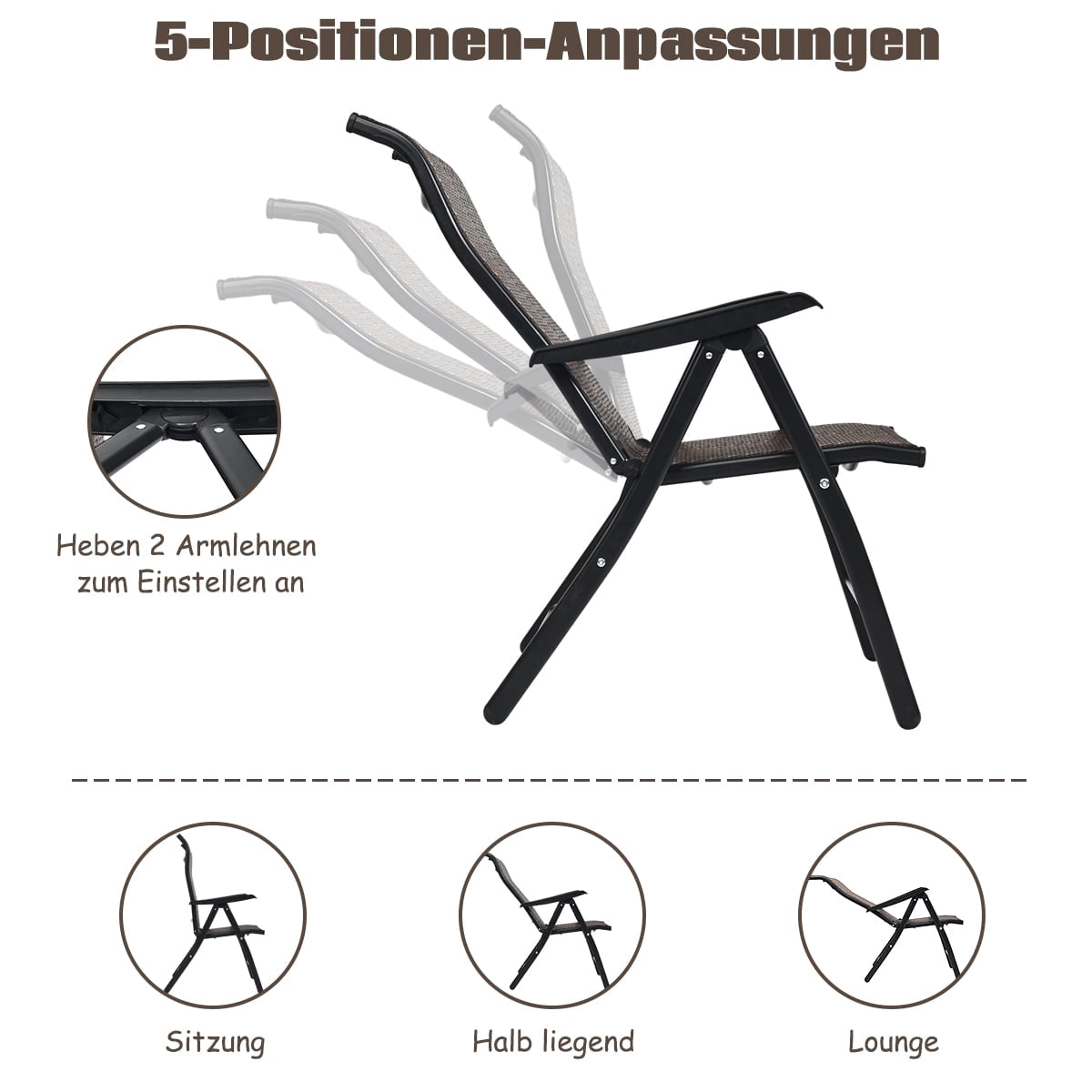 Polyrattan Folding Garden Chairs, Set of 2, Adjustable Backrest