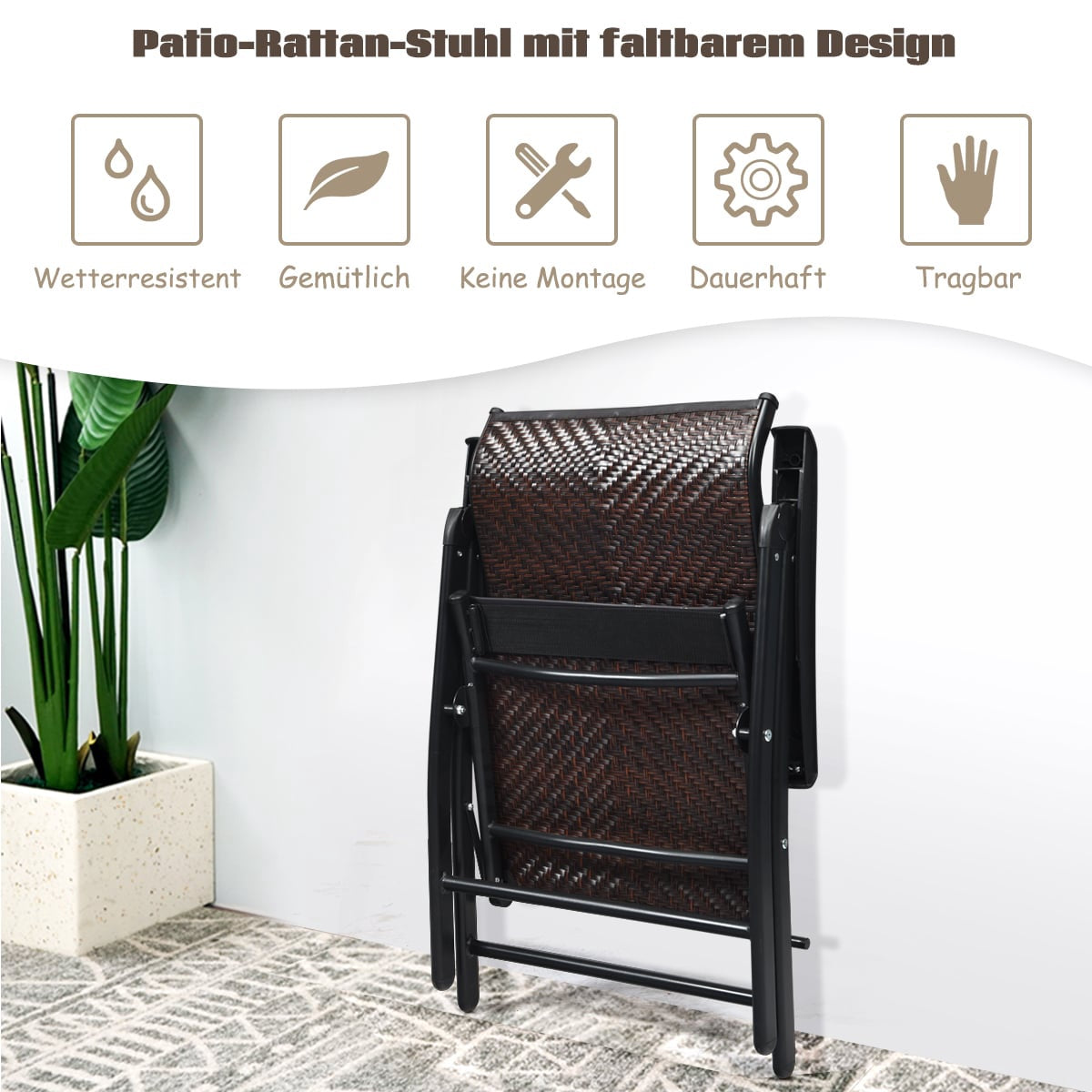 Polyrattan Folding Garden Chairs, Set of 2, Adjustable Backrest