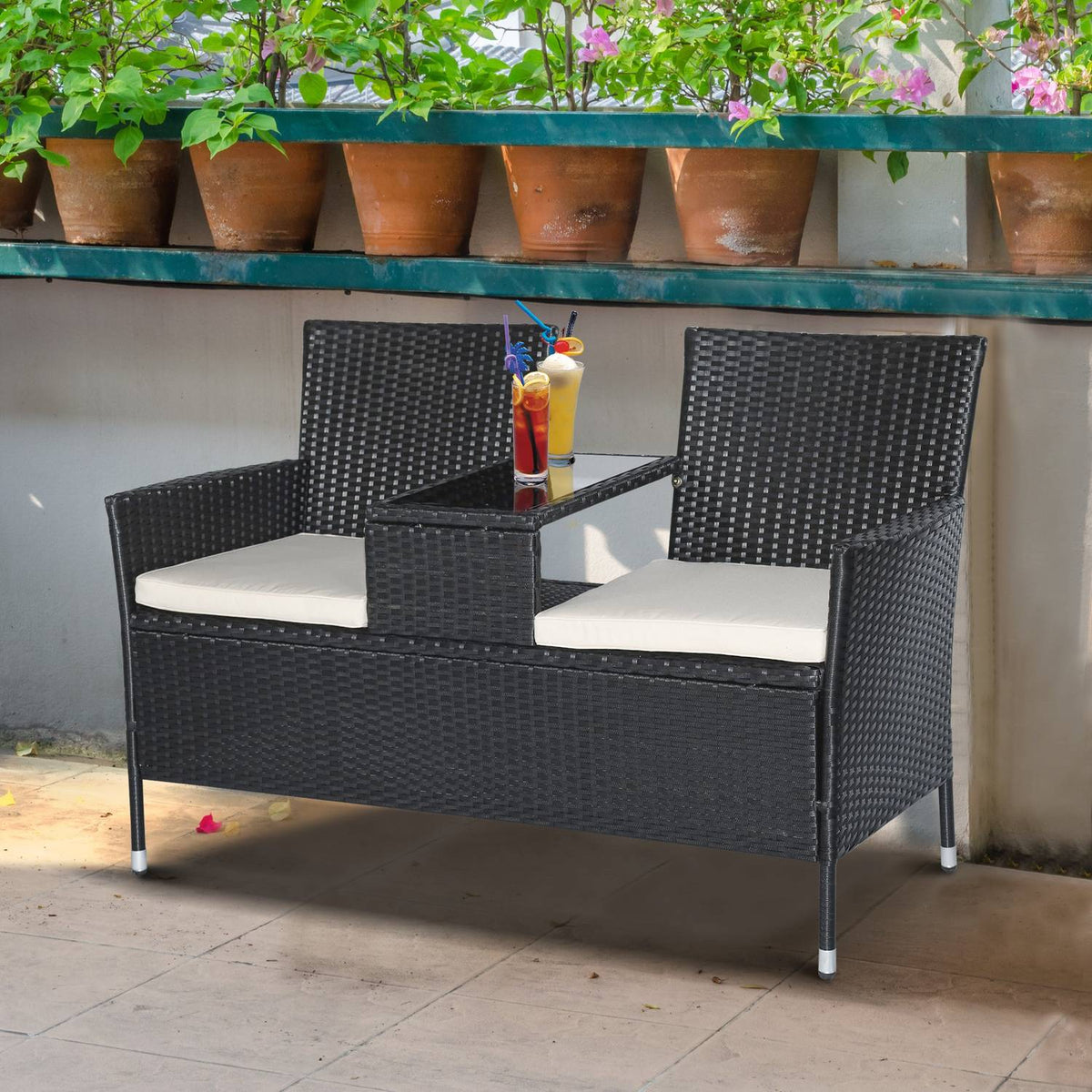 Polyrattan Garden Bench Garden Sofa Bench With Table 2-Seater Steel Black W133 X D63 X H84Cm