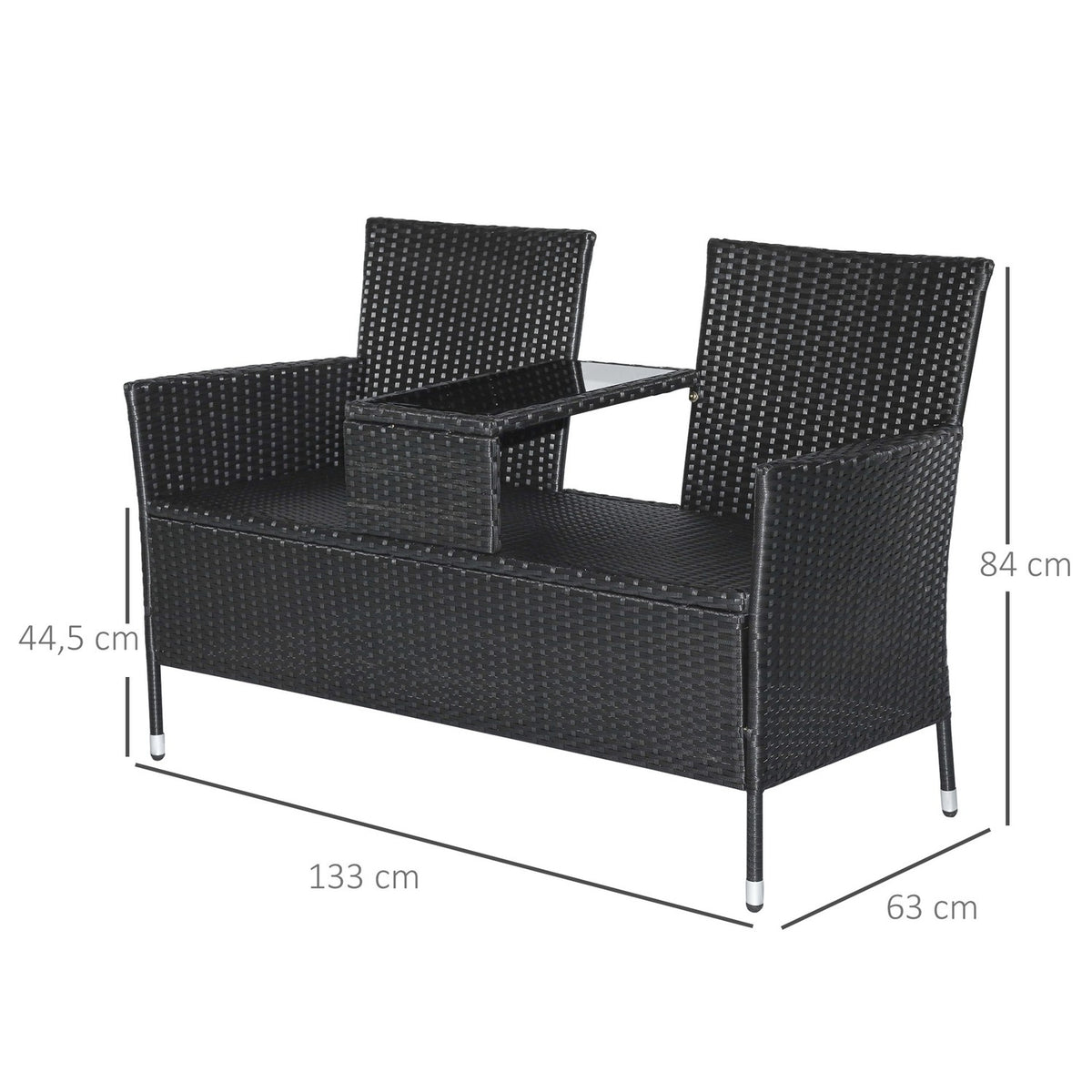 Polyrattan Garden Bench Garden Sofa Bench With Table 2-Seater Steel Black W133 X D63 X H84Cm