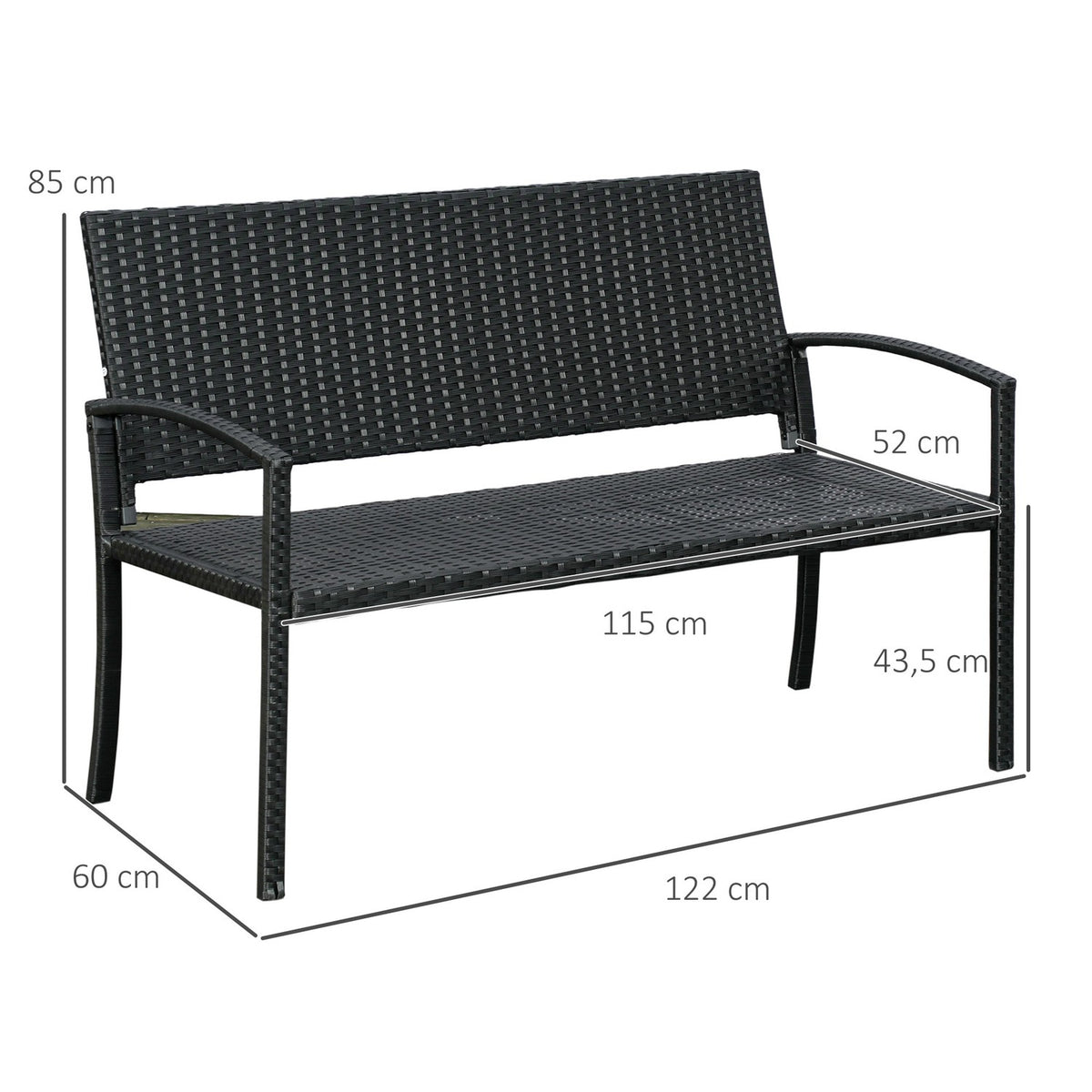 Polyrattan Garden Bench Park Bench 2-Seater Wicker Steel Black W122 X D60 X H87Cm